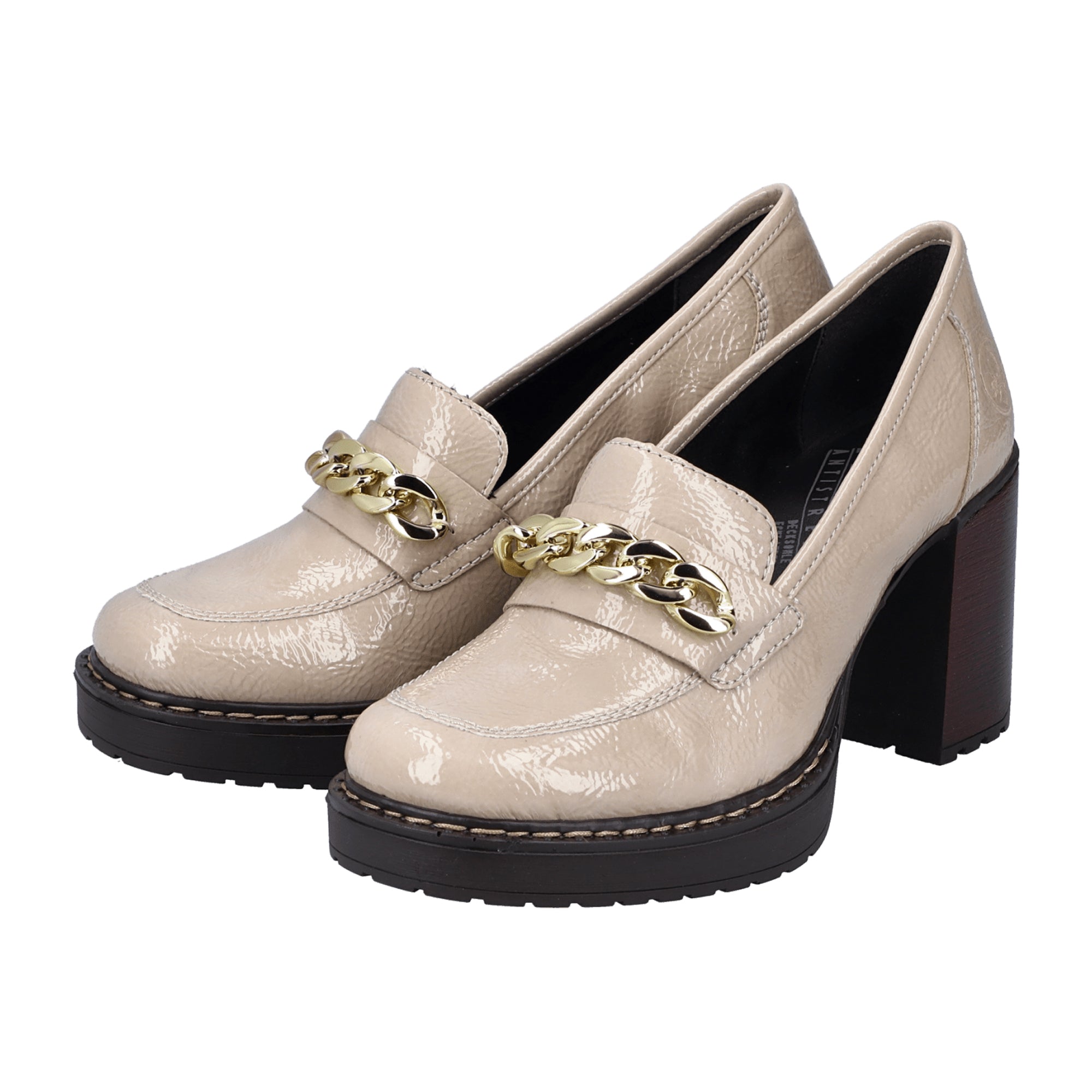 Rieker Beige Women's Slip-On Shoes with Block Heel and Square Toe - Bartel-Shop