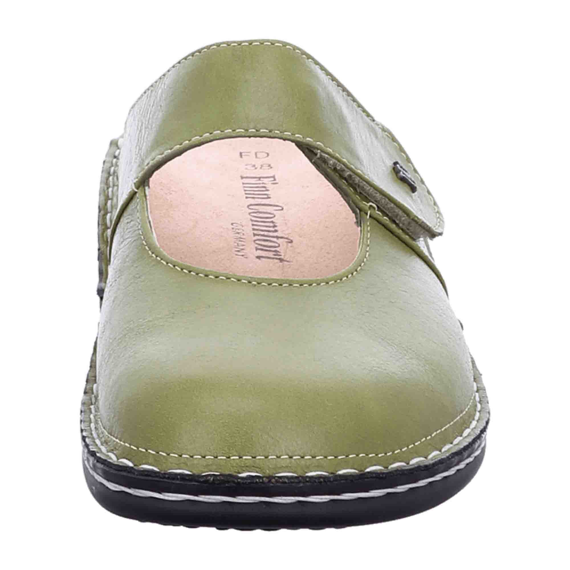 Finn Comfort Stanford Women's Clogs - Green Leather Slip-Resistant Comfortable Slides with Interchangeable Footbed
