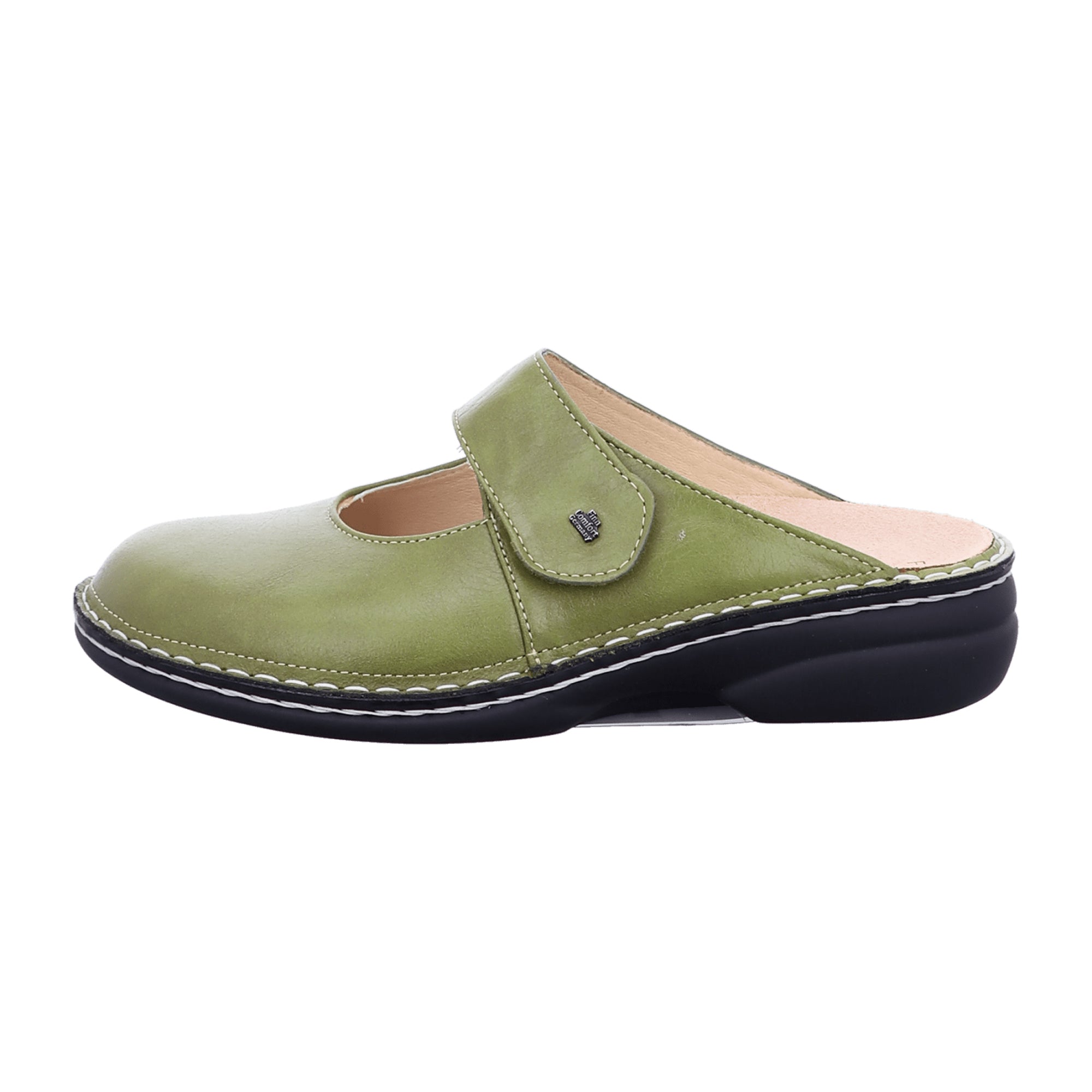 Finn Comfort Stanford Women's Clogs - Green Leather Slip-Resistant Comfortable Slides with Interchangeable Footbed