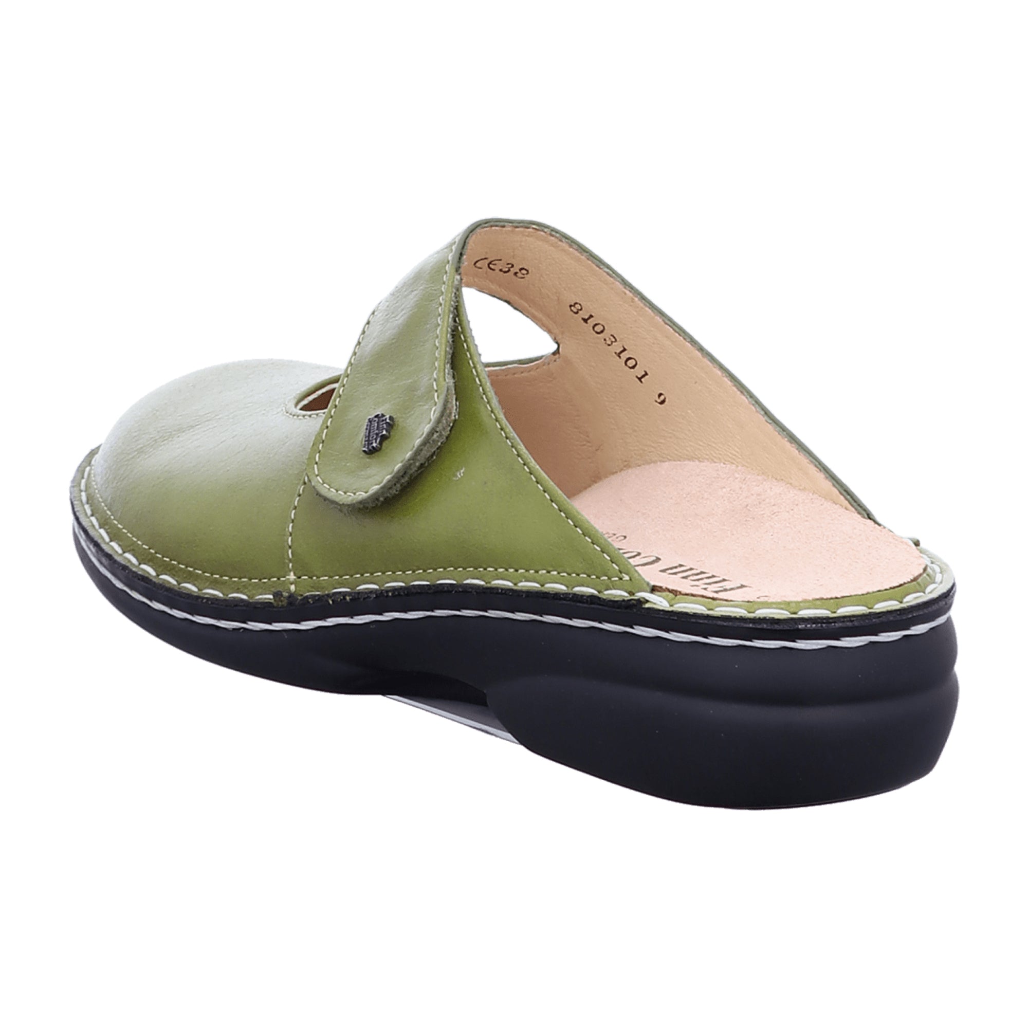 Finn Comfort Stanford Women's Clogs - Green Leather Slip-Resistant Comfortable Slides with Interchangeable Footbed