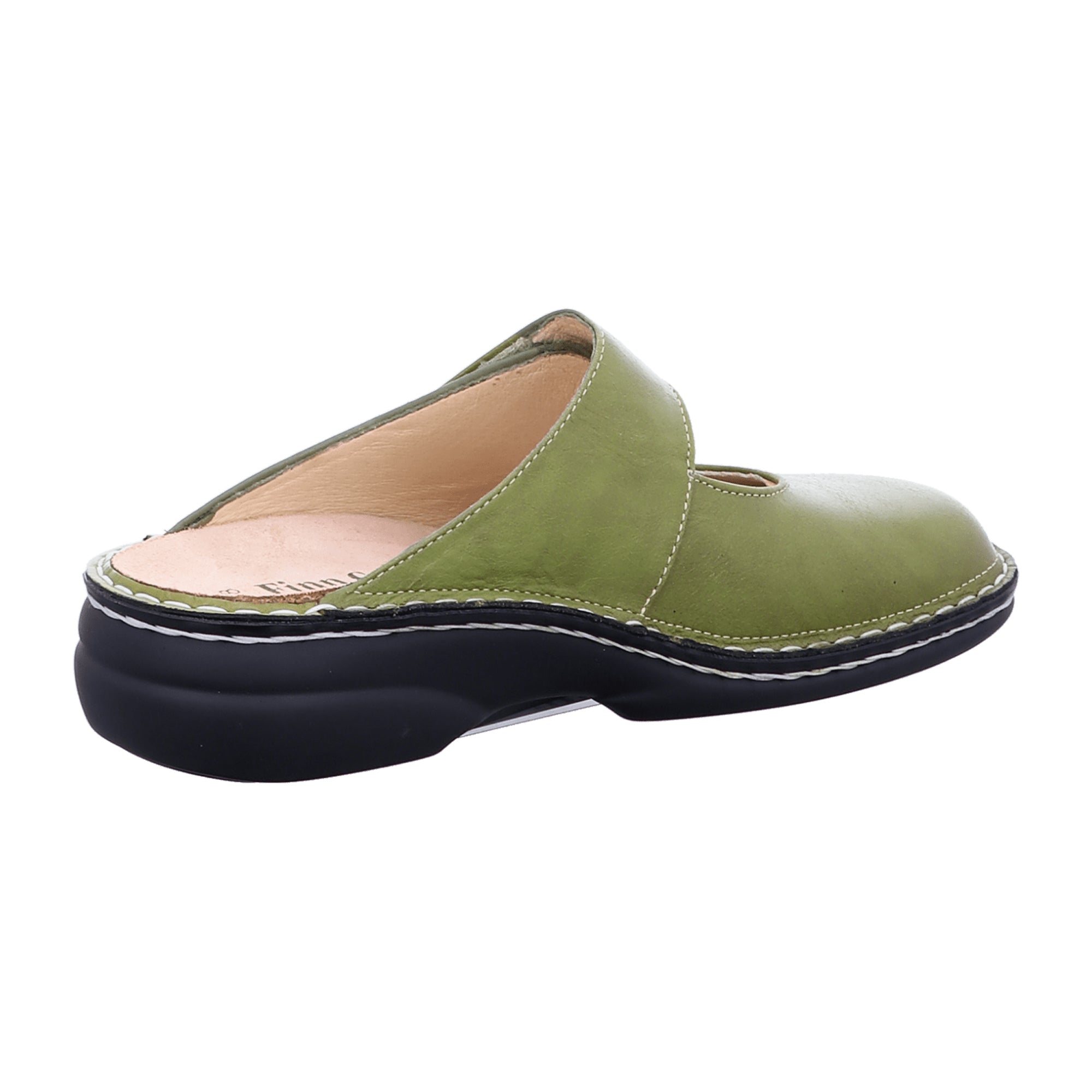 Finn Comfort Stanford Women's Clogs - Green Leather Slip-Resistant Comfortable Slides with Interchangeable Footbed