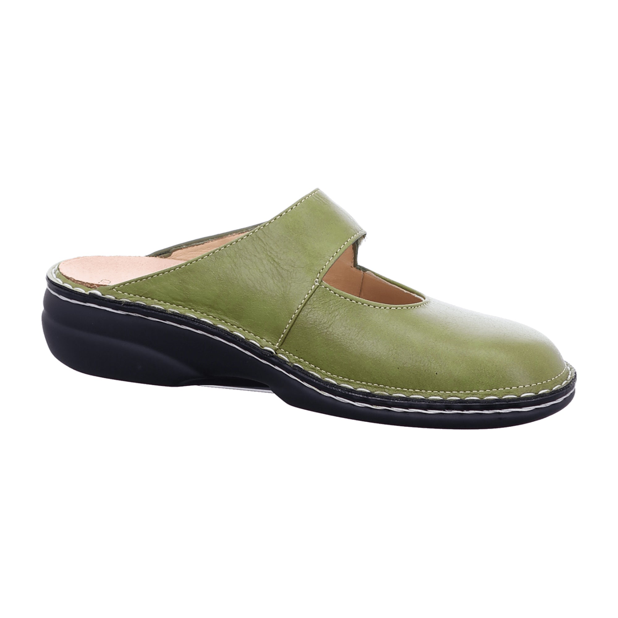 Finn Comfort Stanford Women's Clogs - Green Leather Slip-Resistant Comfortable Slides with Interchangeable Footbed