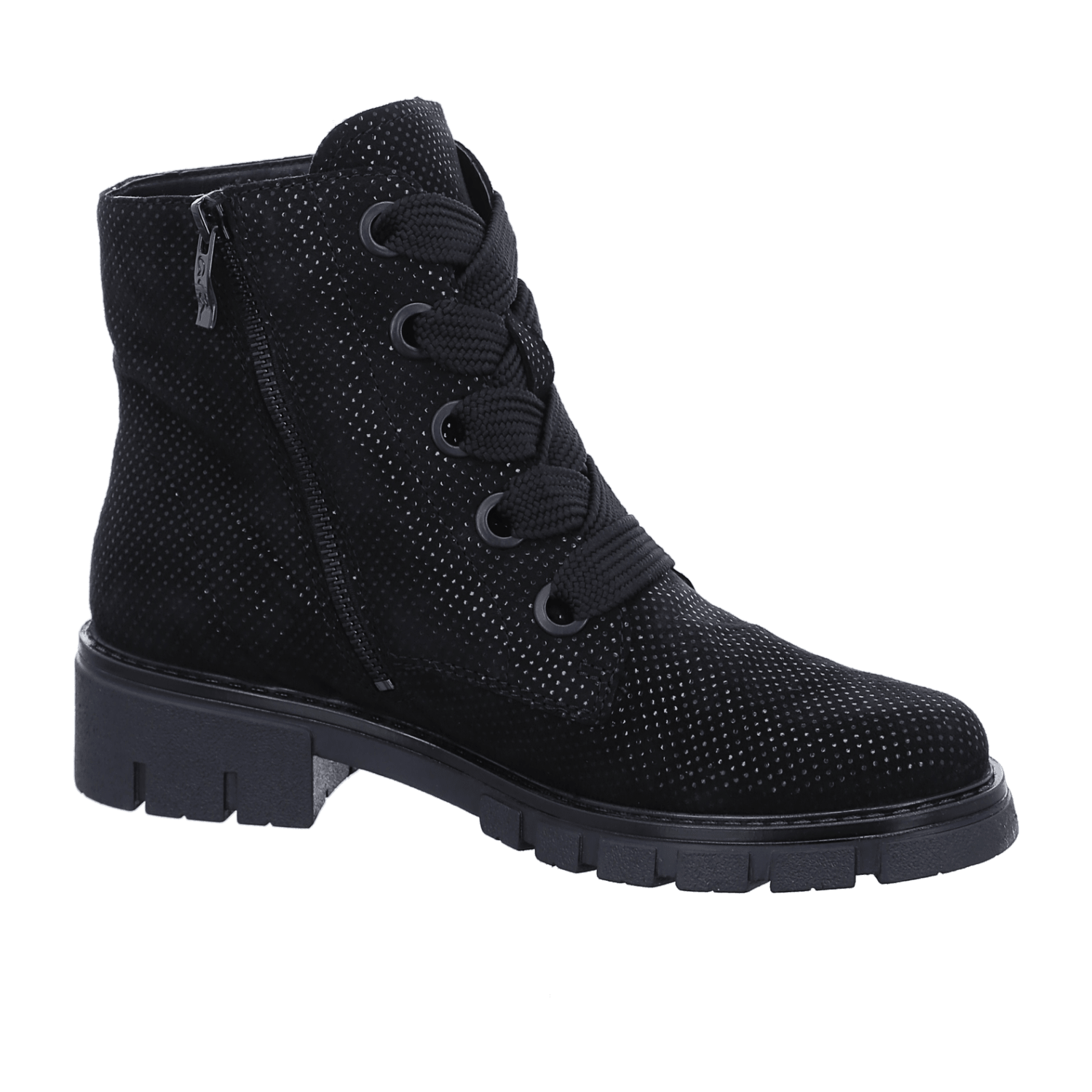 ARA Women's Dover Lace-Up Ankle Boot in Black Suede with Side Zipper and Round Toe