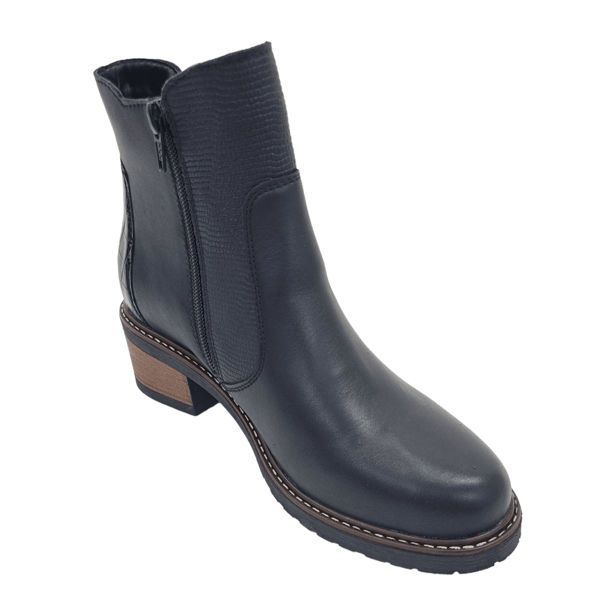 Remonte Women's Black Leather Boots with Block Heel and Removable Insole