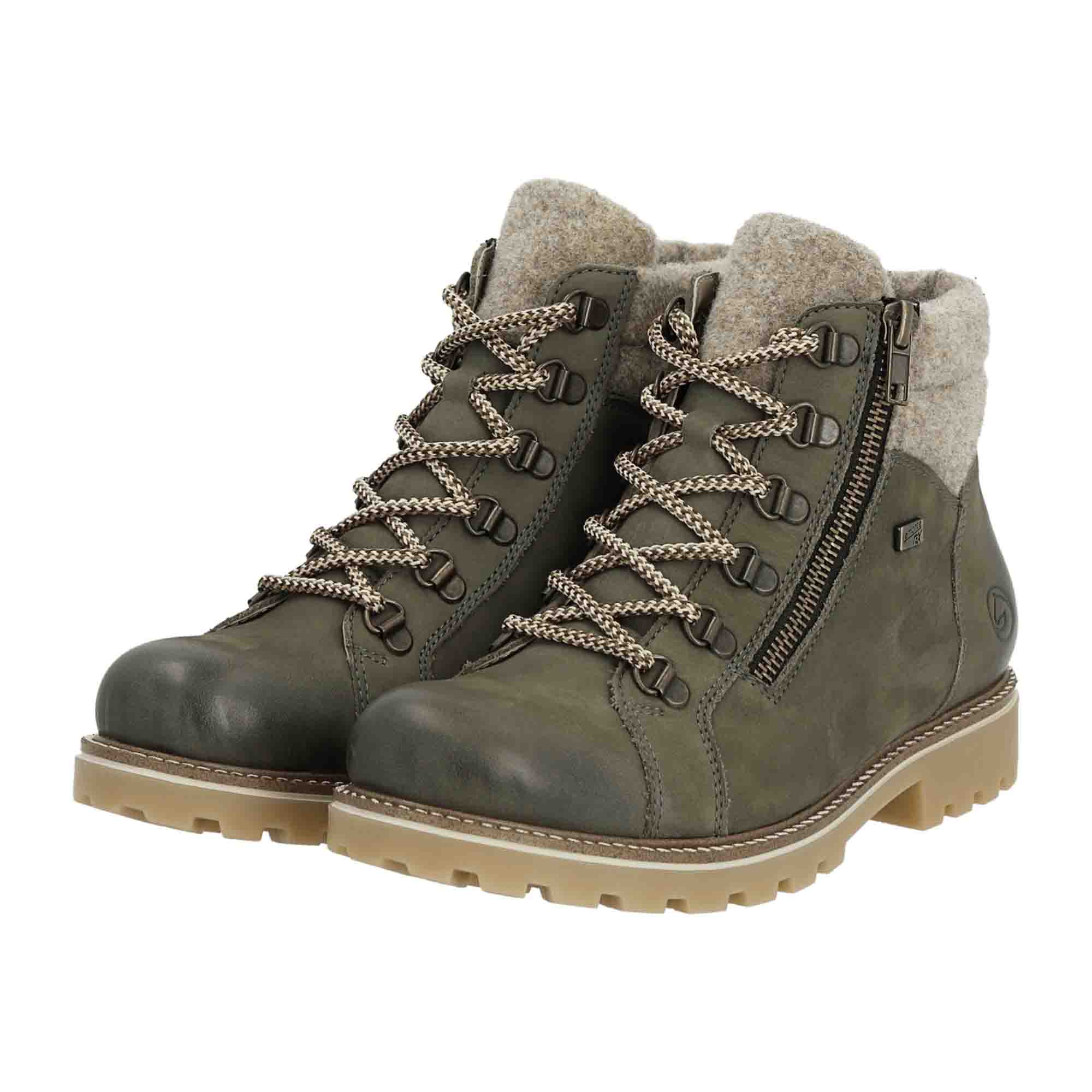 Remonte Women's Green Ankle Boots with Zip and Laces for Fall Winter