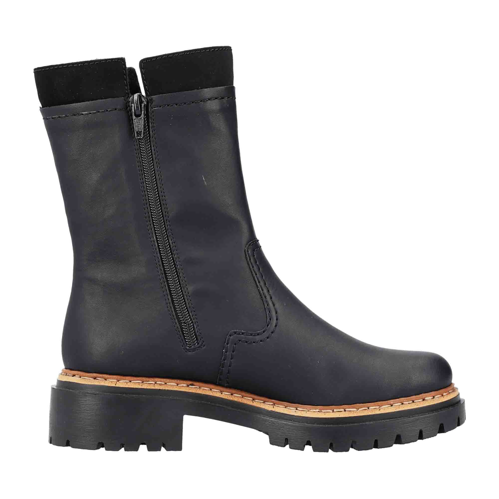 Rieker HWK Women's Black Boots for Fall Winter, Faux Leather, Comfortable Fit