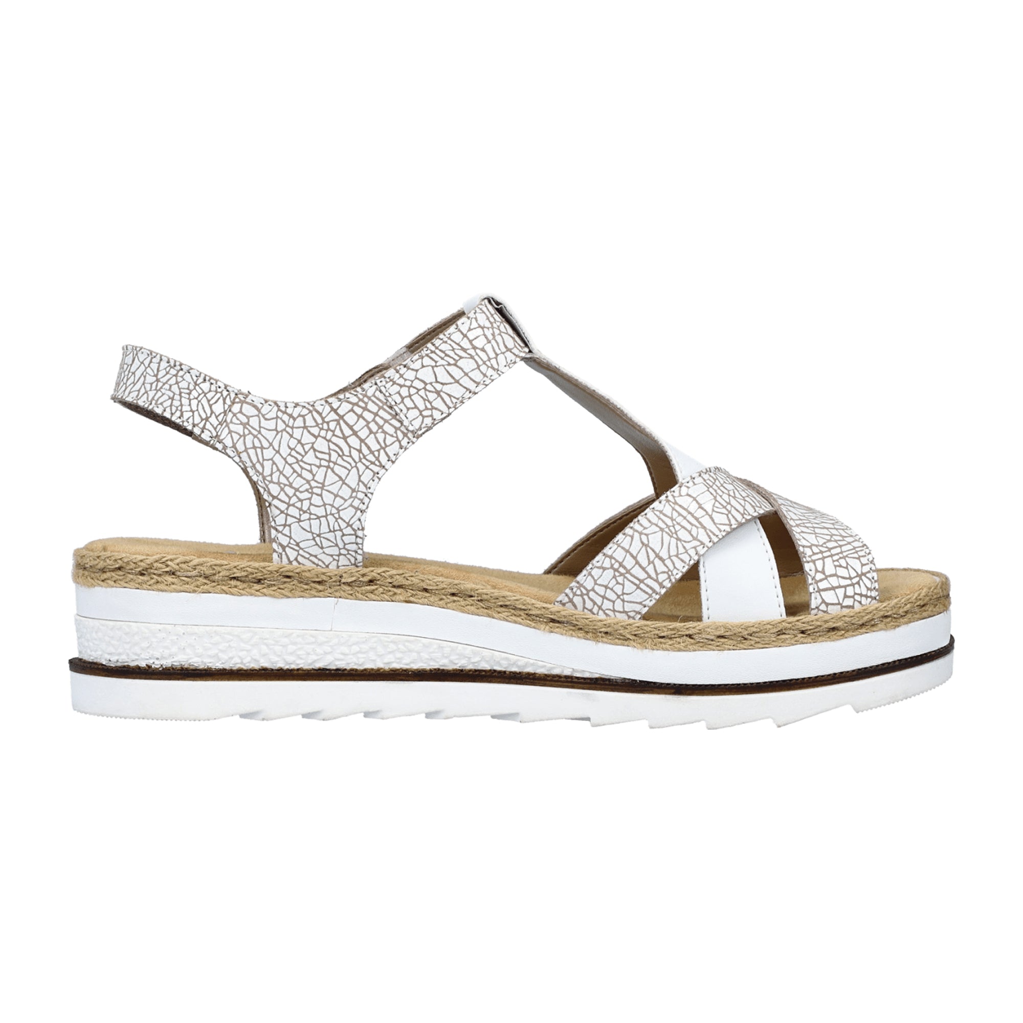 Rieker Women's White Sandals with Wedge Heel and Velcro Strap