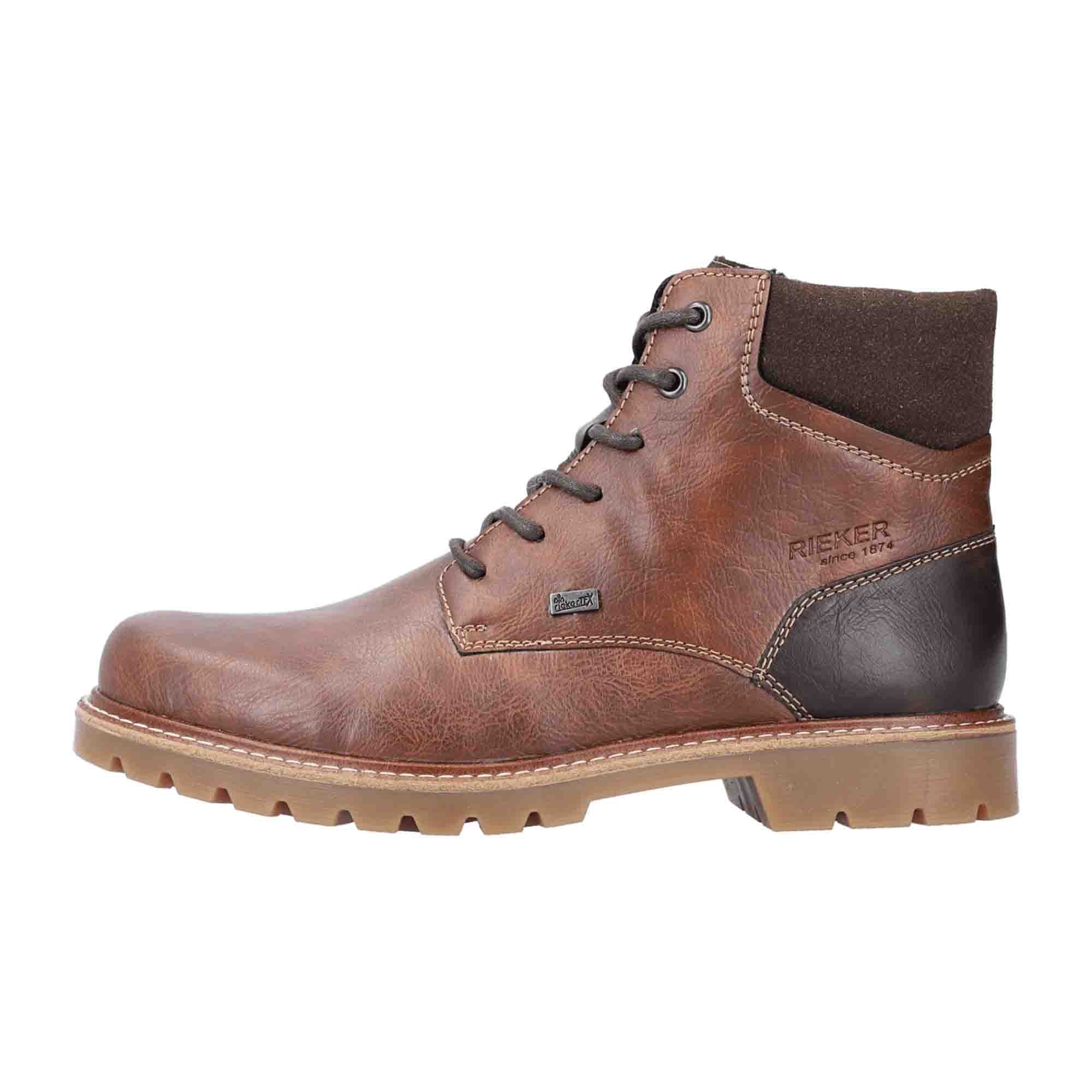 Rieker Men's Brown Lace-Up Boots Waterproof Leather Look Warm Wool Lining