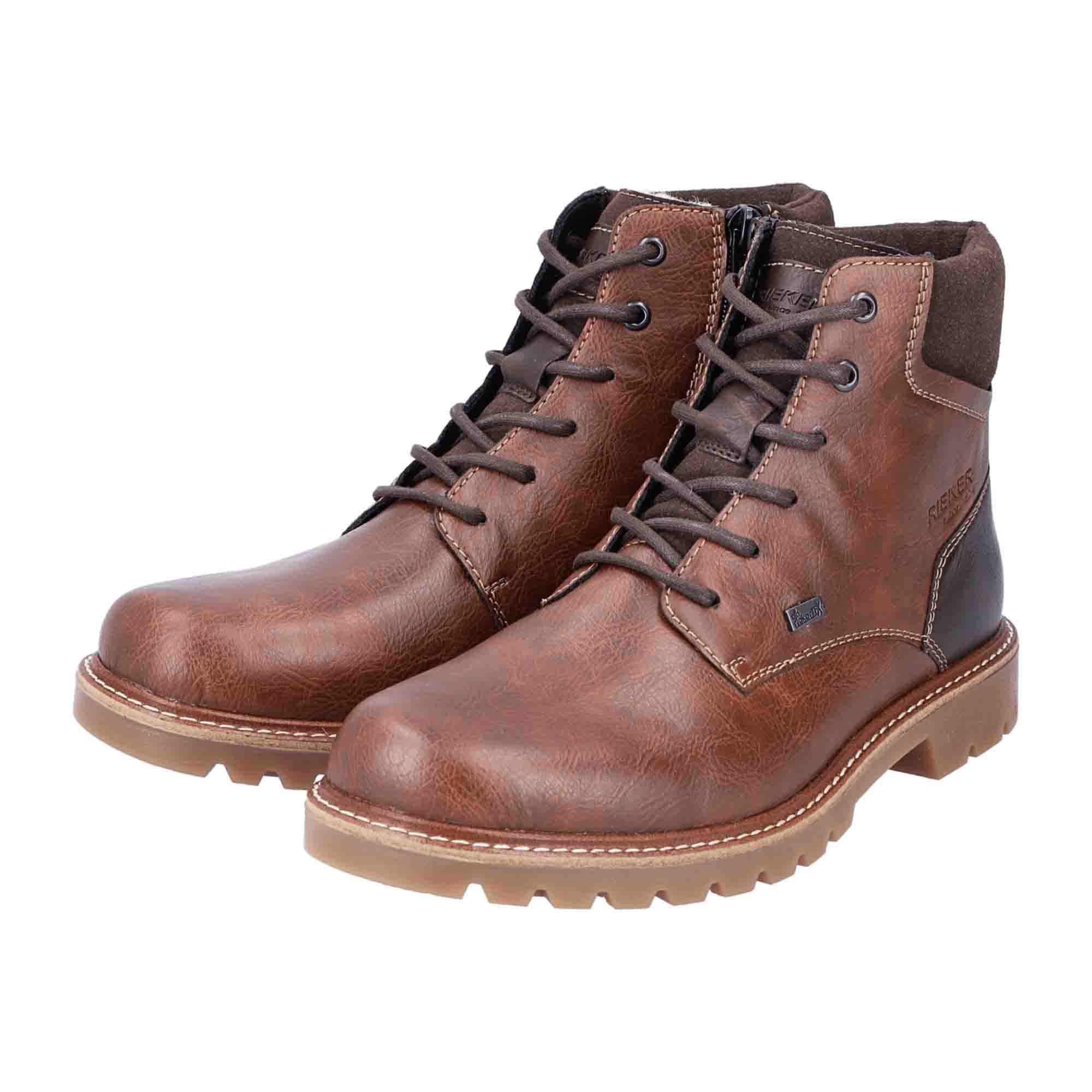 Rieker Men's Brown Lace-Up Boots Waterproof Leather Look Warm Wool Lining