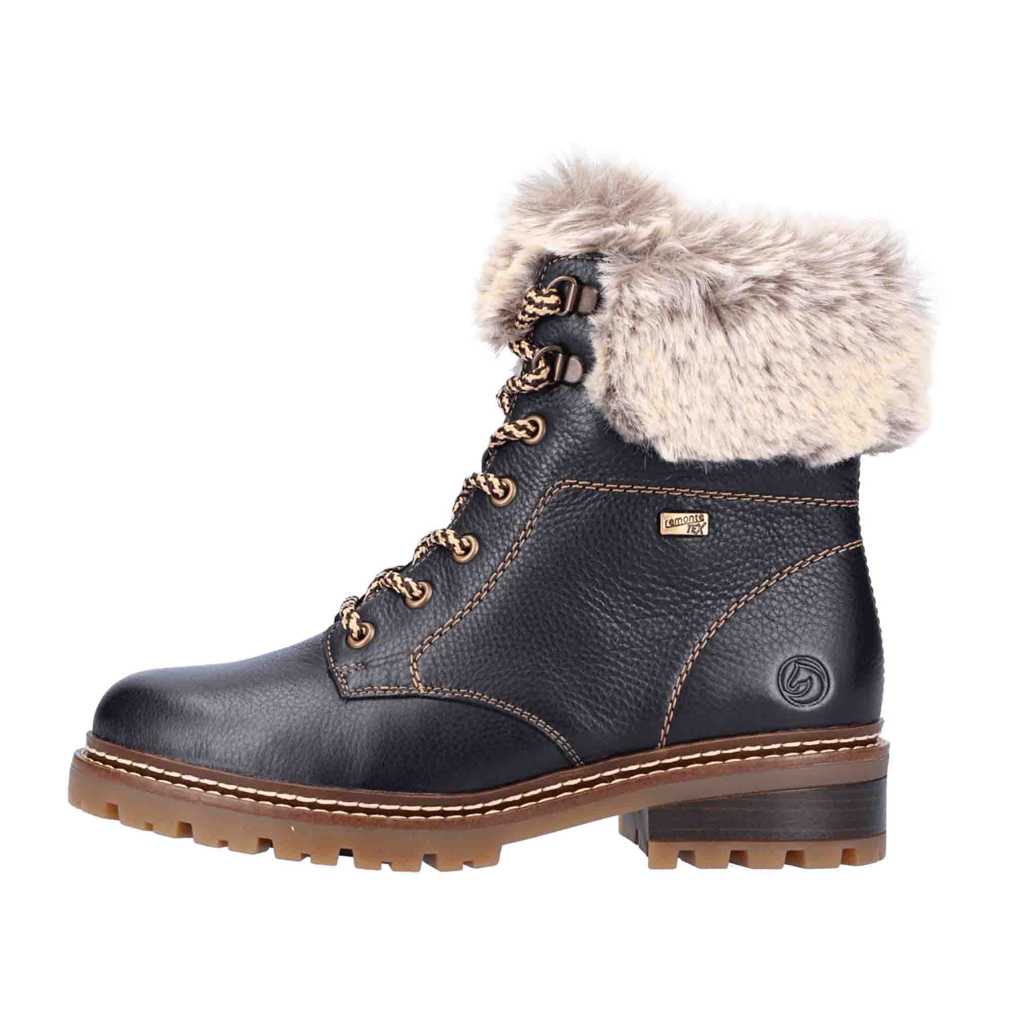 Remonte Black Leather Women's Ankle Boots with Zip and Warm Lining