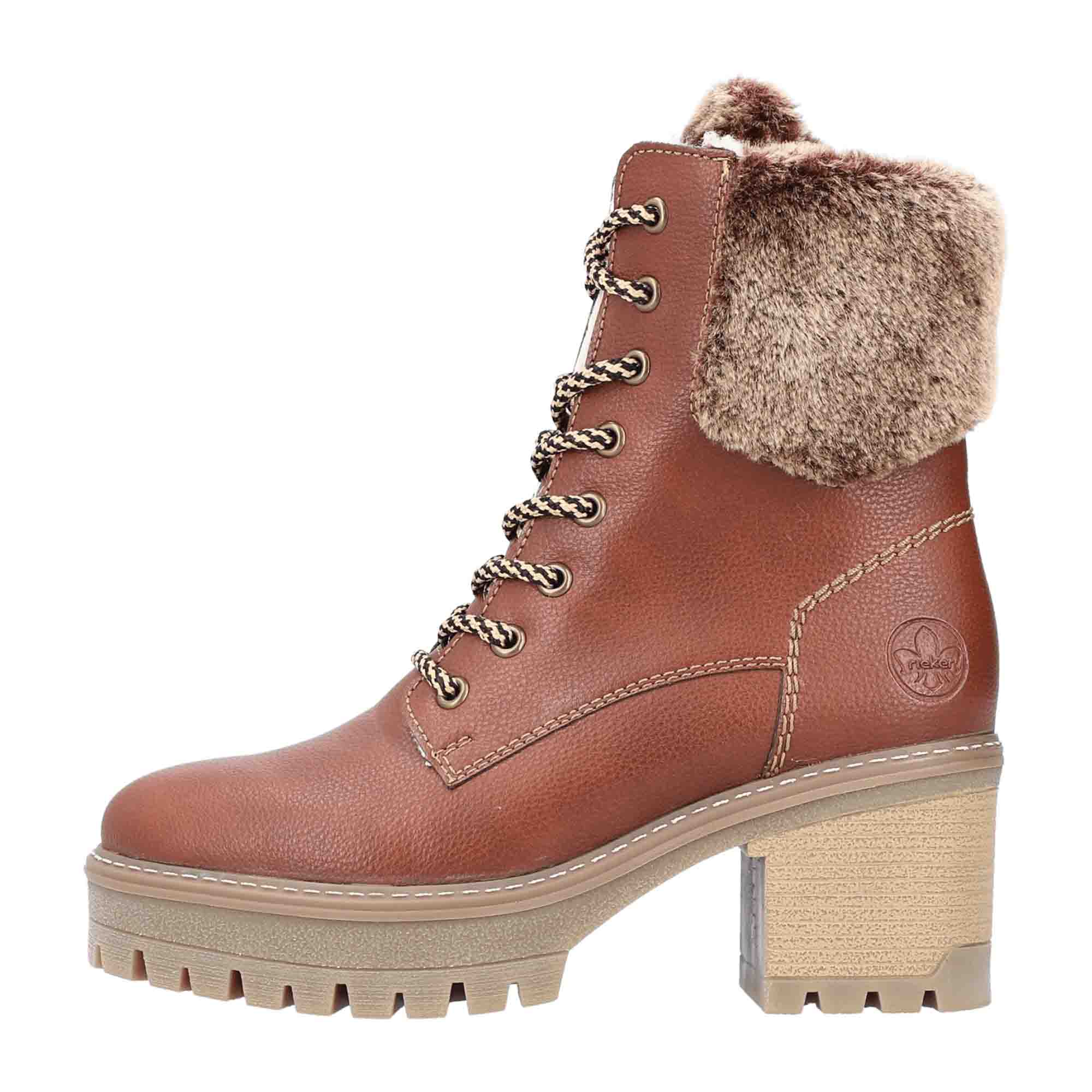 Rieker Y8532-25 Brown Women's Boots with Block Heel and Zipper Lace Closure
