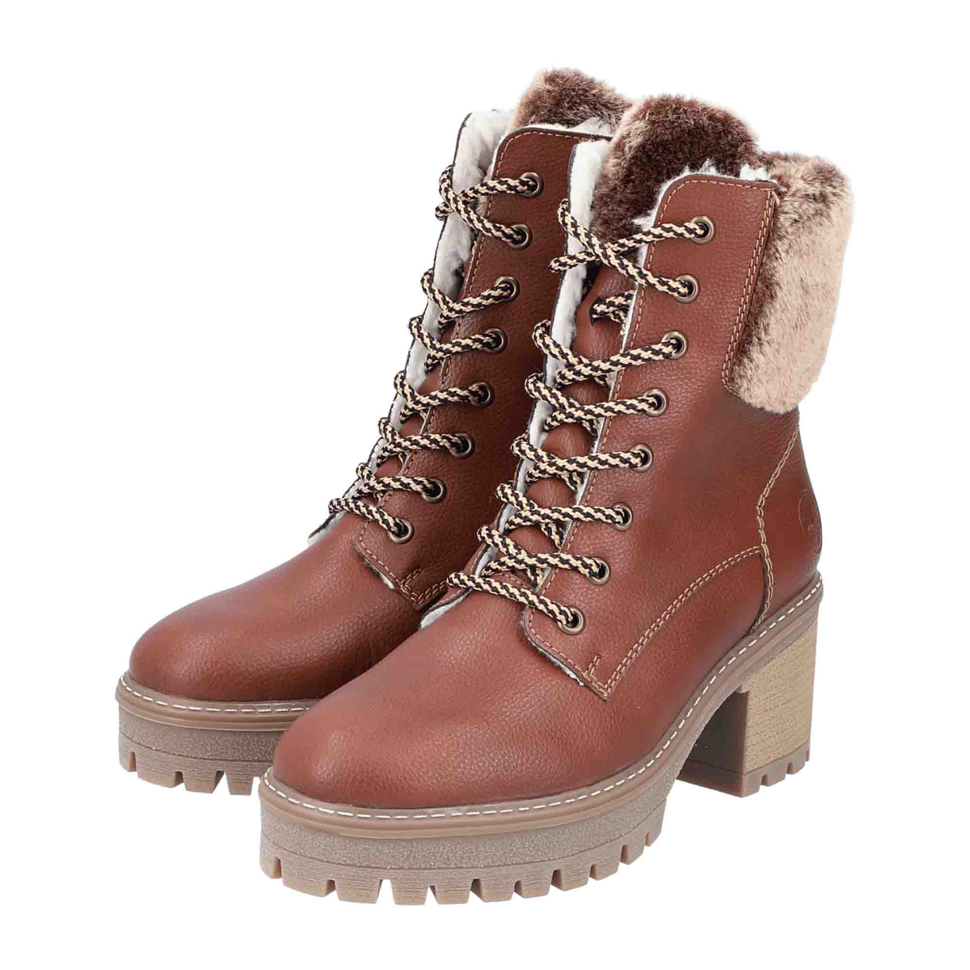 Rieker Y8532-25 Brown Women's Boots with Block Heel and Zipper Lace Closure