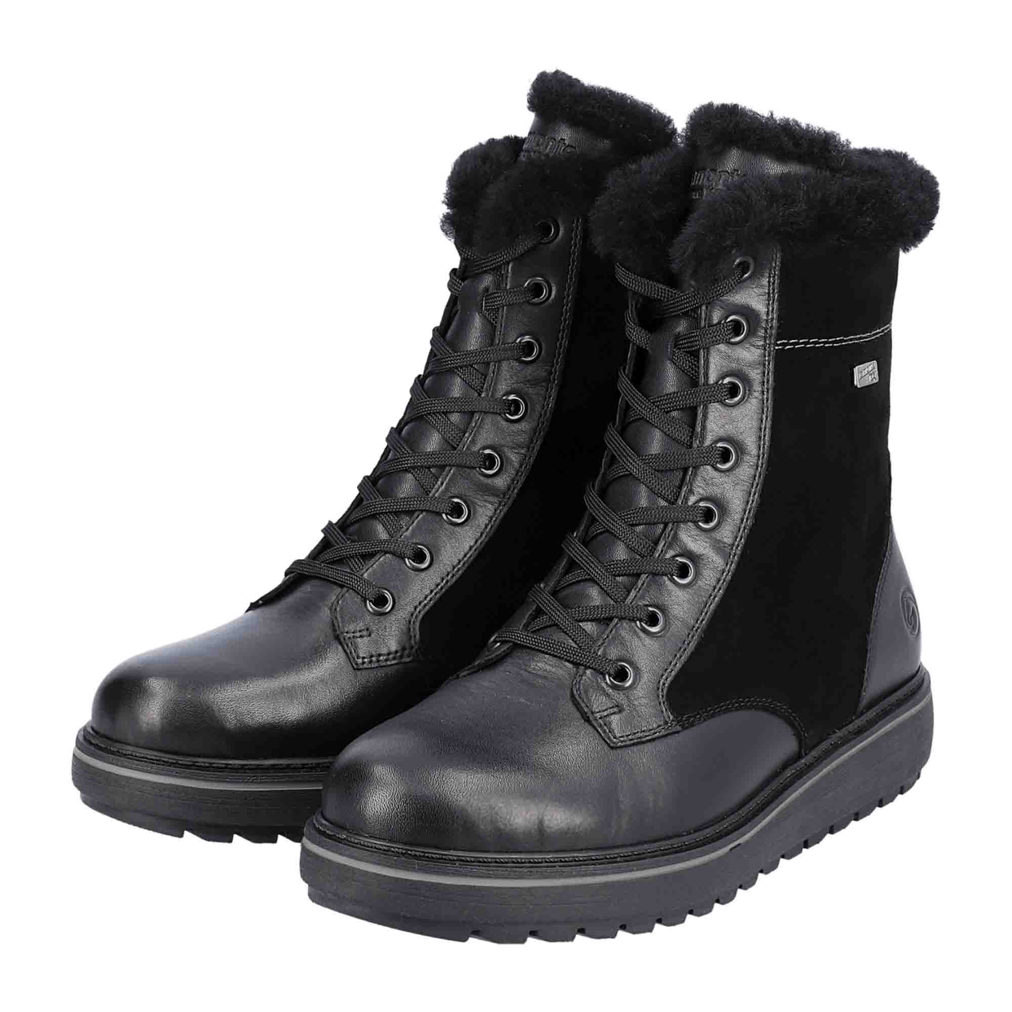 Remonte Women's Black Leather Winter Boots with Warm Lining and Removable Insole