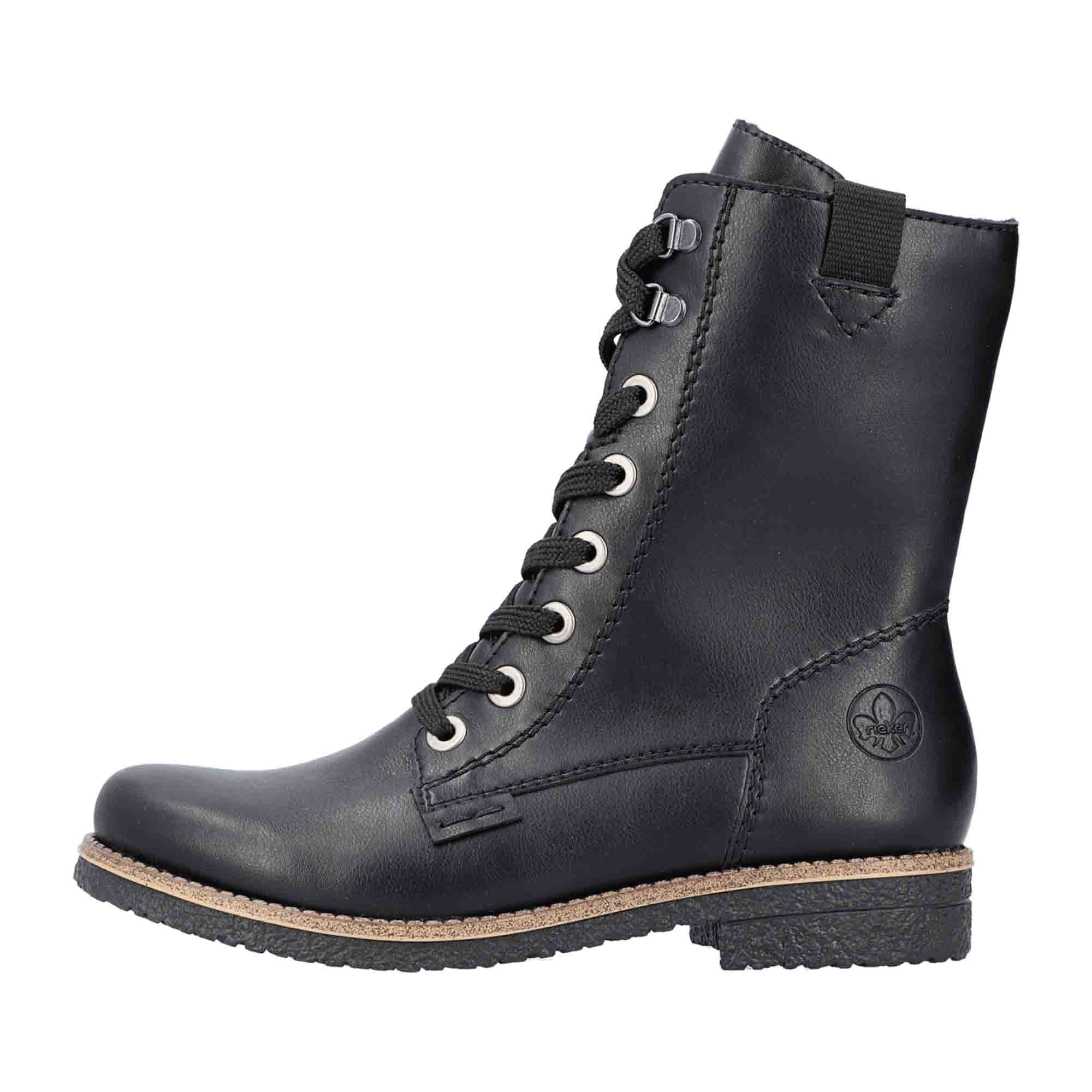 Rieker Women's Black Ankle Boots with Block Heel and Zipper Lace-Up Closure