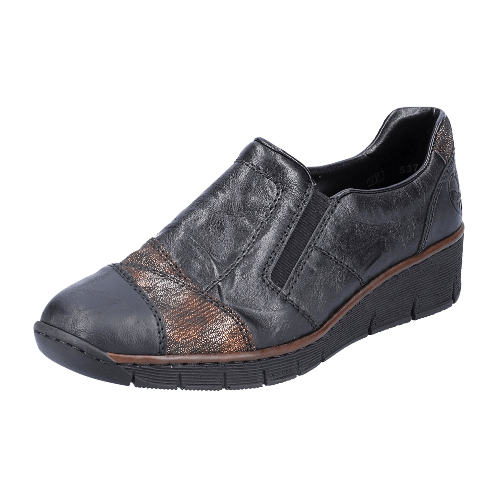 Rieker Women's Black Slip-On Wedge Shoes Round Toe Comfortable Casual Footwear