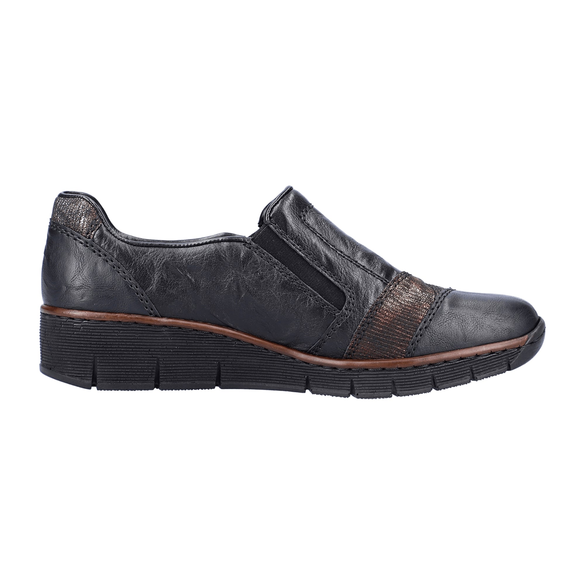 Rieker Women's Black Slip-On Wedge Shoes Round Toe Comfortable Casual Footwear