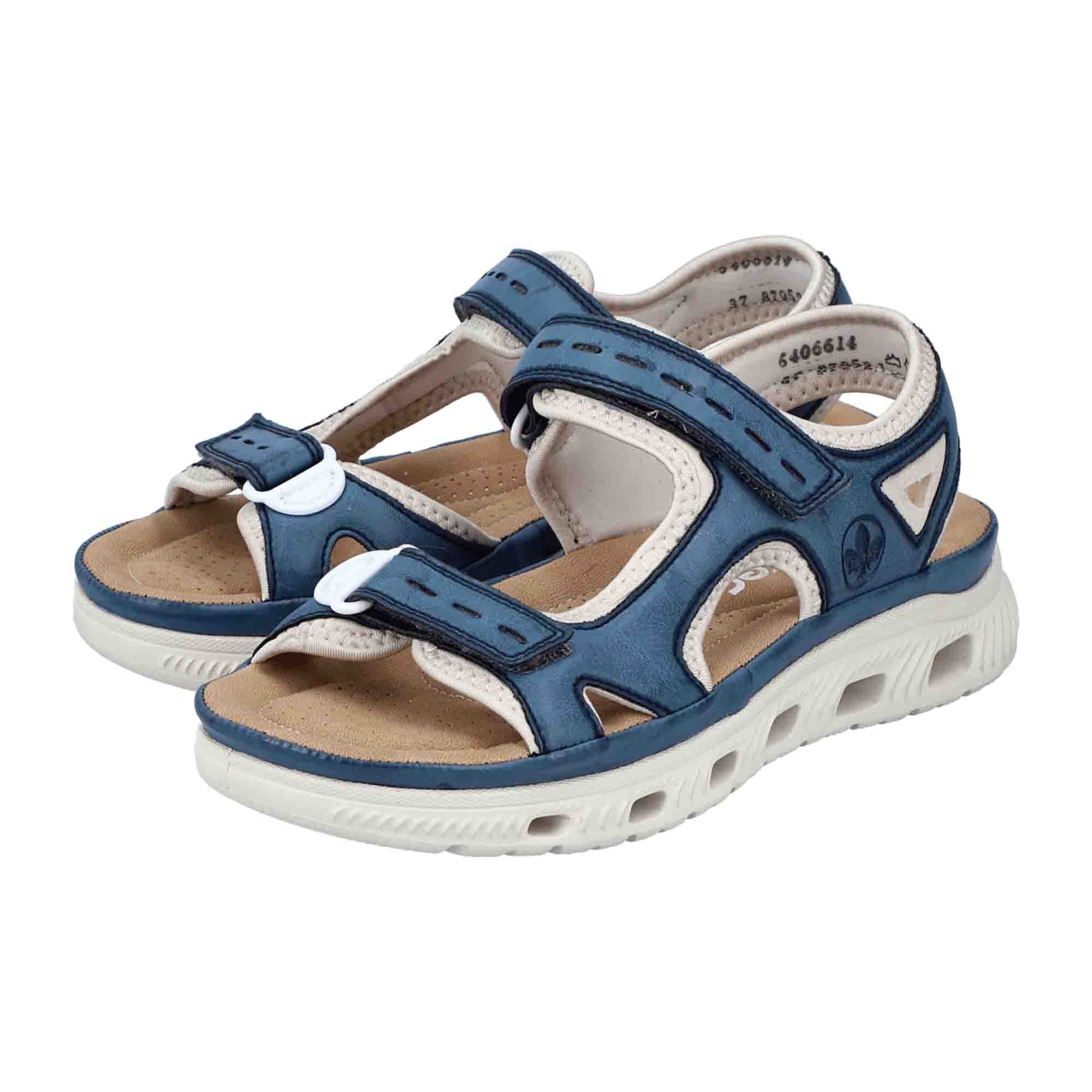 Rieker Guana Blue Women's Sandals with Velcro Strap and Flat Heel