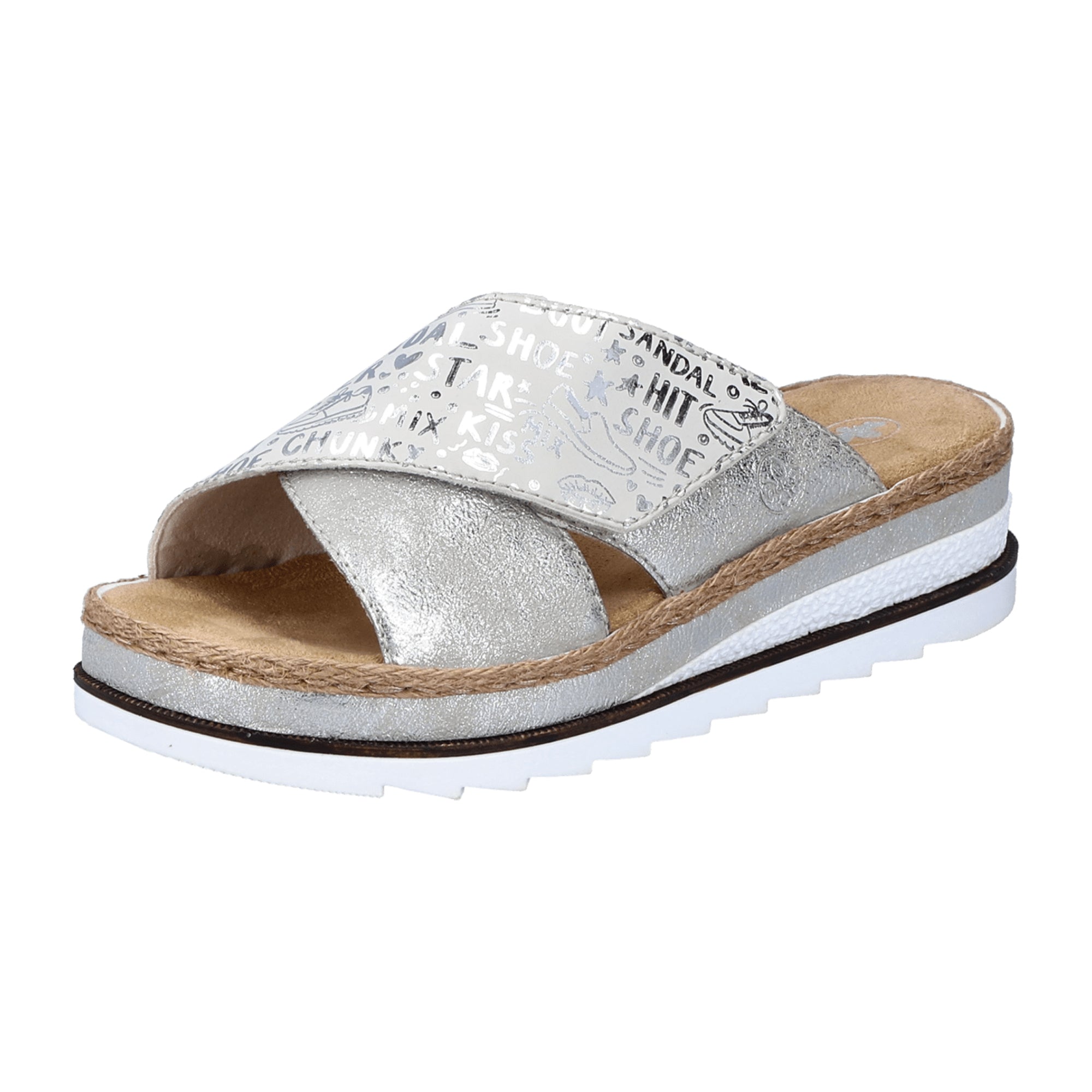 Rieker Women's Silver Sandals V7979-80 with Velcro Closure and Flat Heel