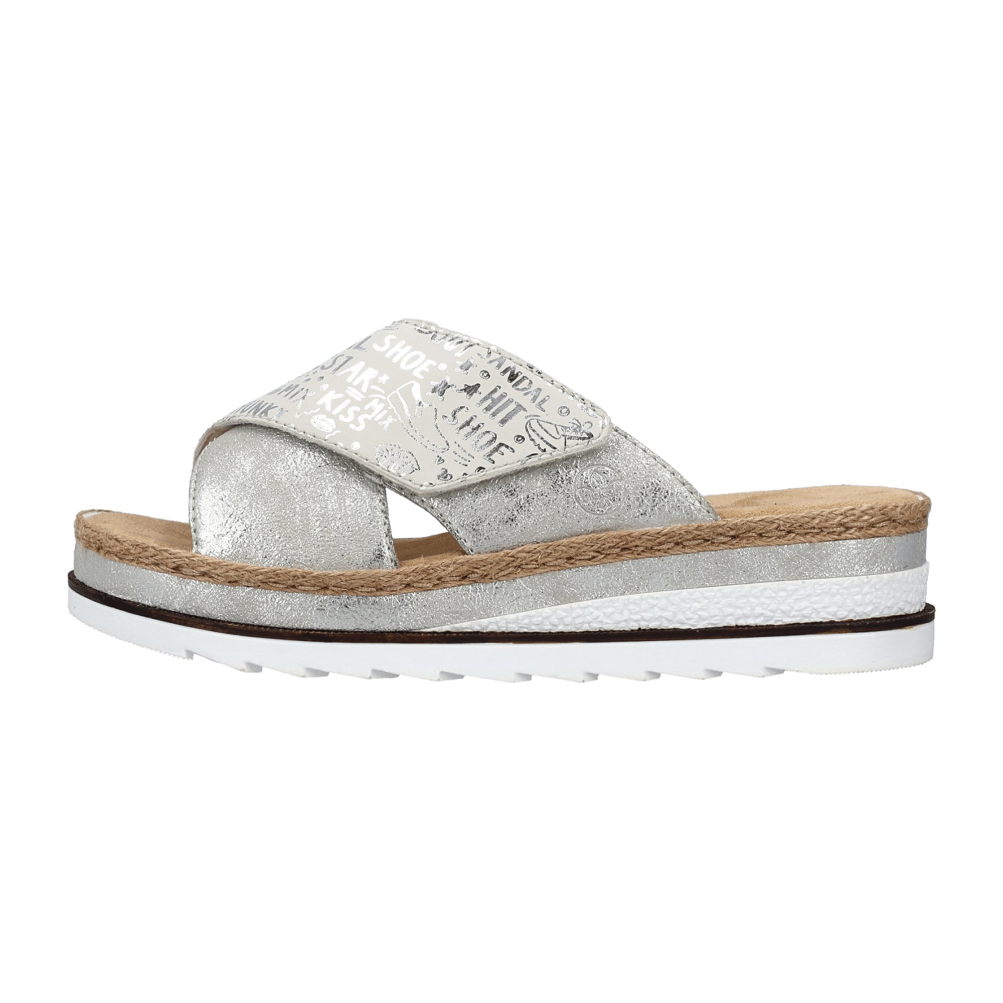 Rieker Women's Silver Sandals V7979-80 with Velcro Closure and Flat Heel