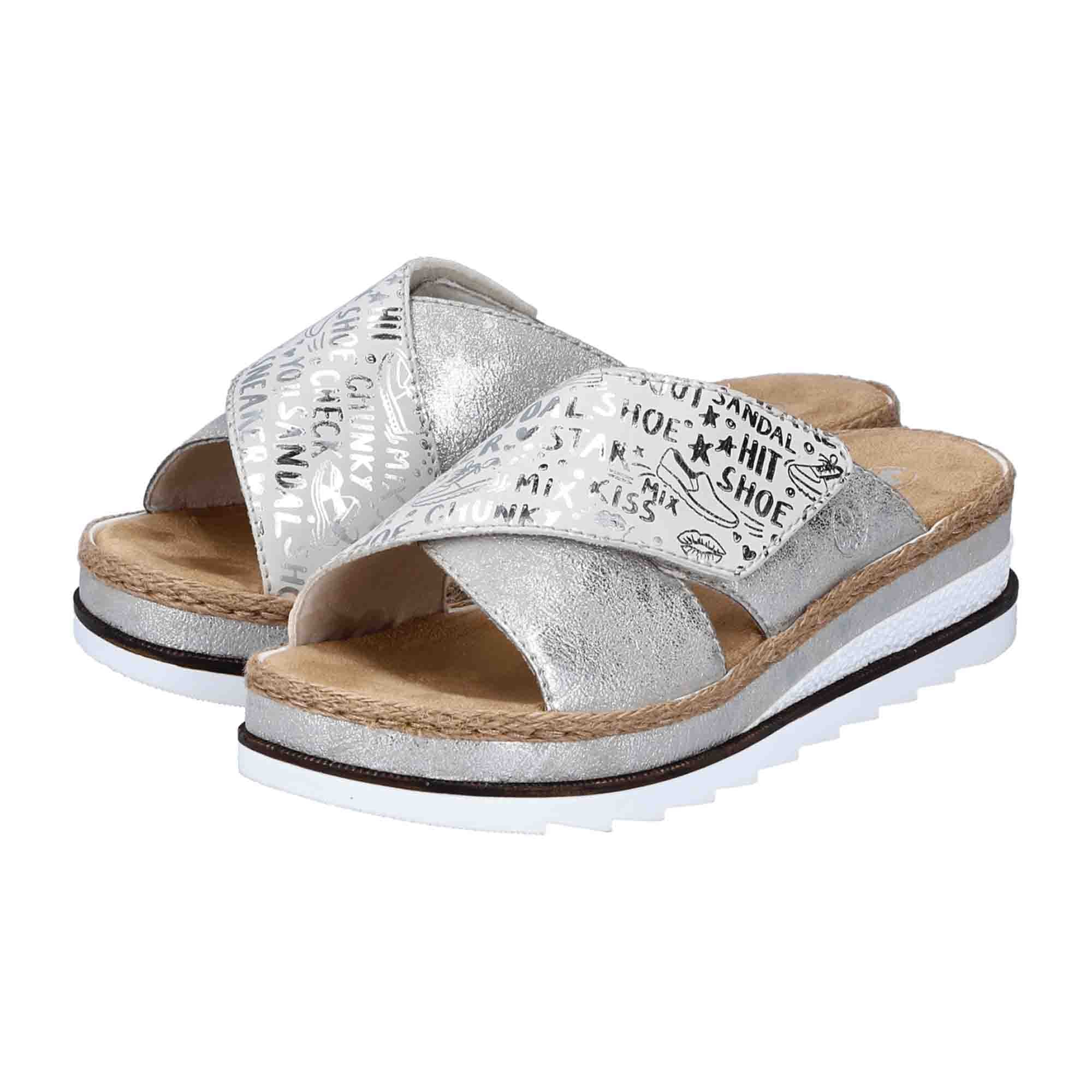 Rieker Women's Silver Sandals V7979-80 with Velcro Closure and Flat Heel