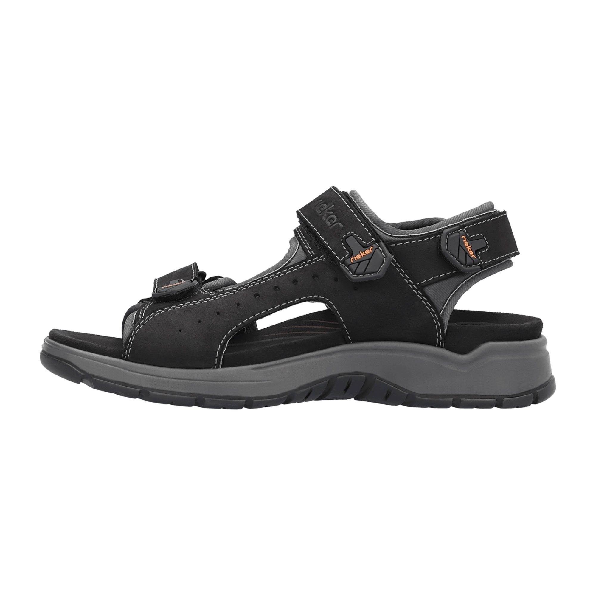 Rieker Men's Black Leather Sandals with Velcro Closure Comfortable Flat Sole