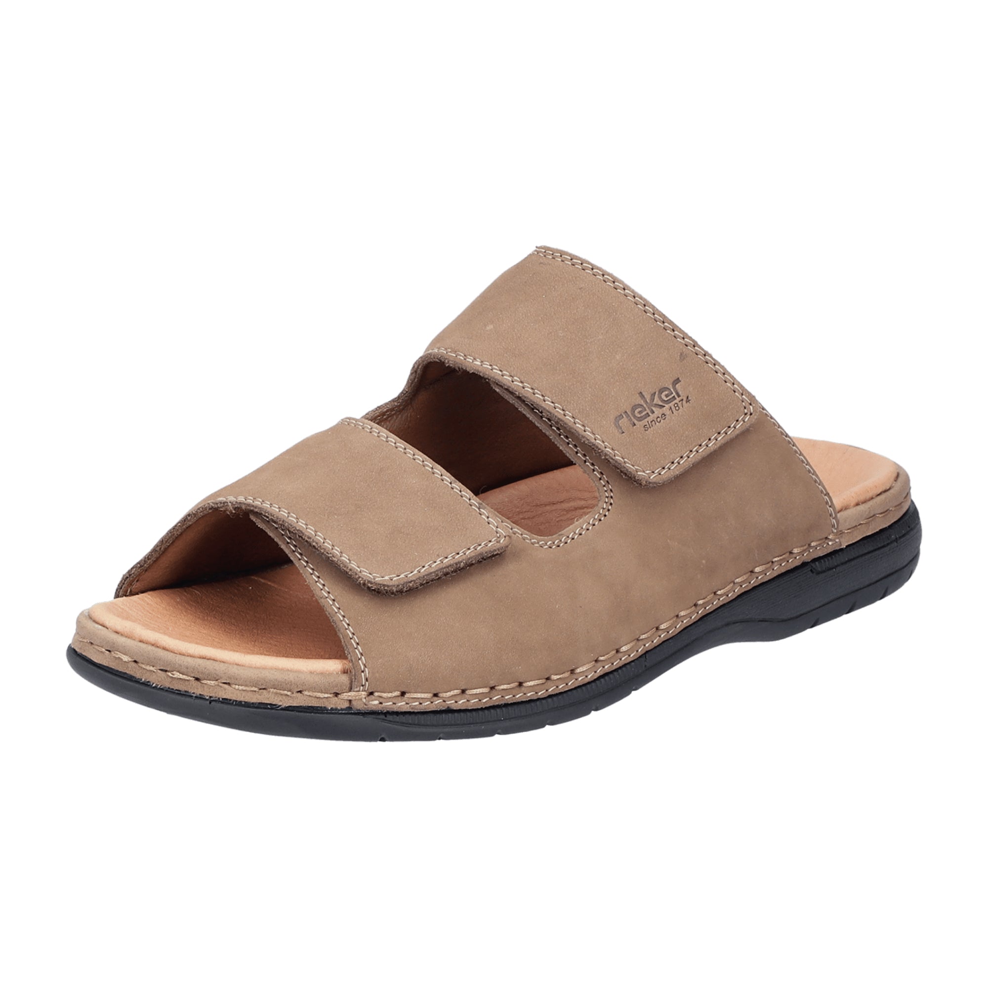 Rieker Men's Beige Leather Sandals with Velcro Strap and Flat Heel
