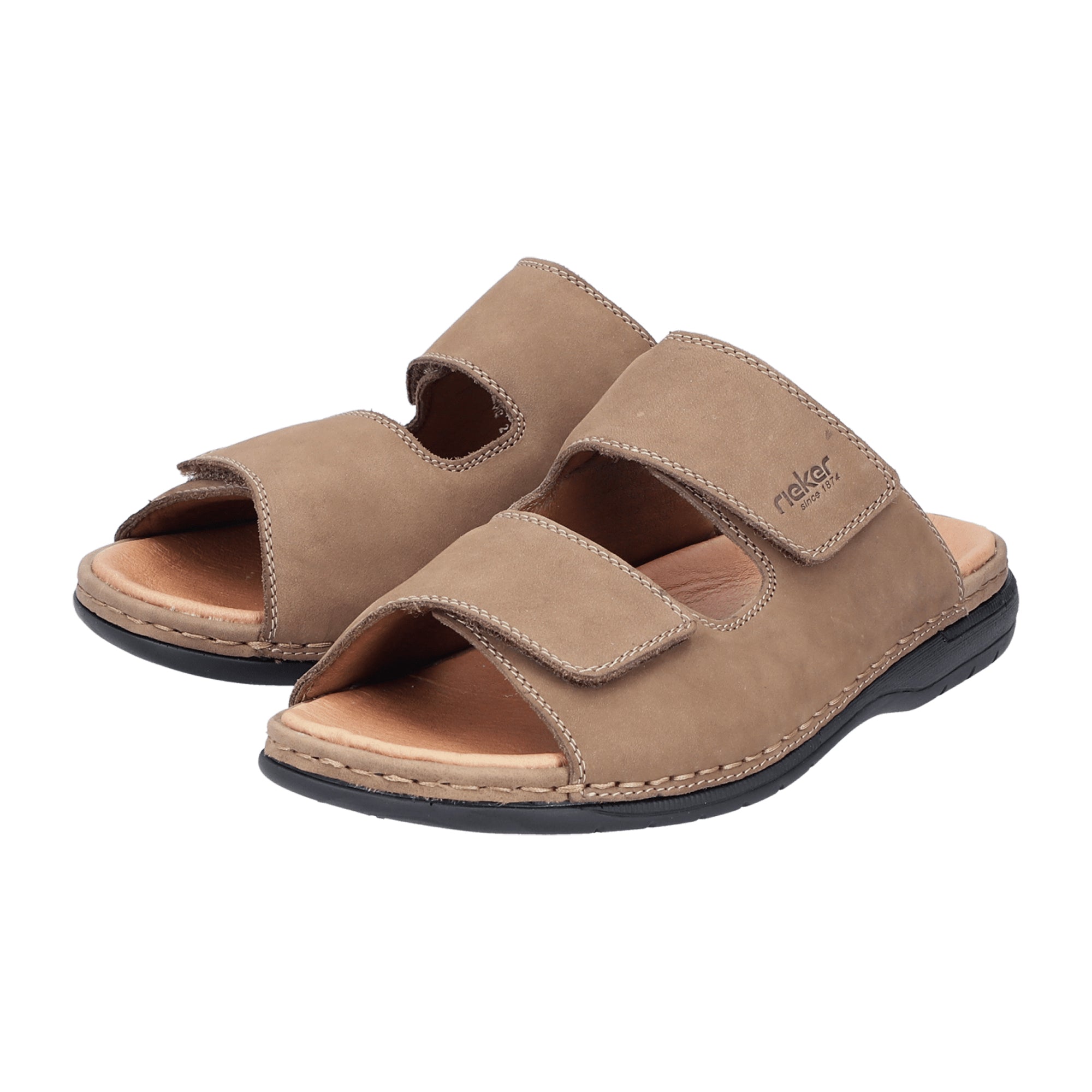 Rieker Men's Beige Leather Sandals with Velcro Strap and Flat Heel