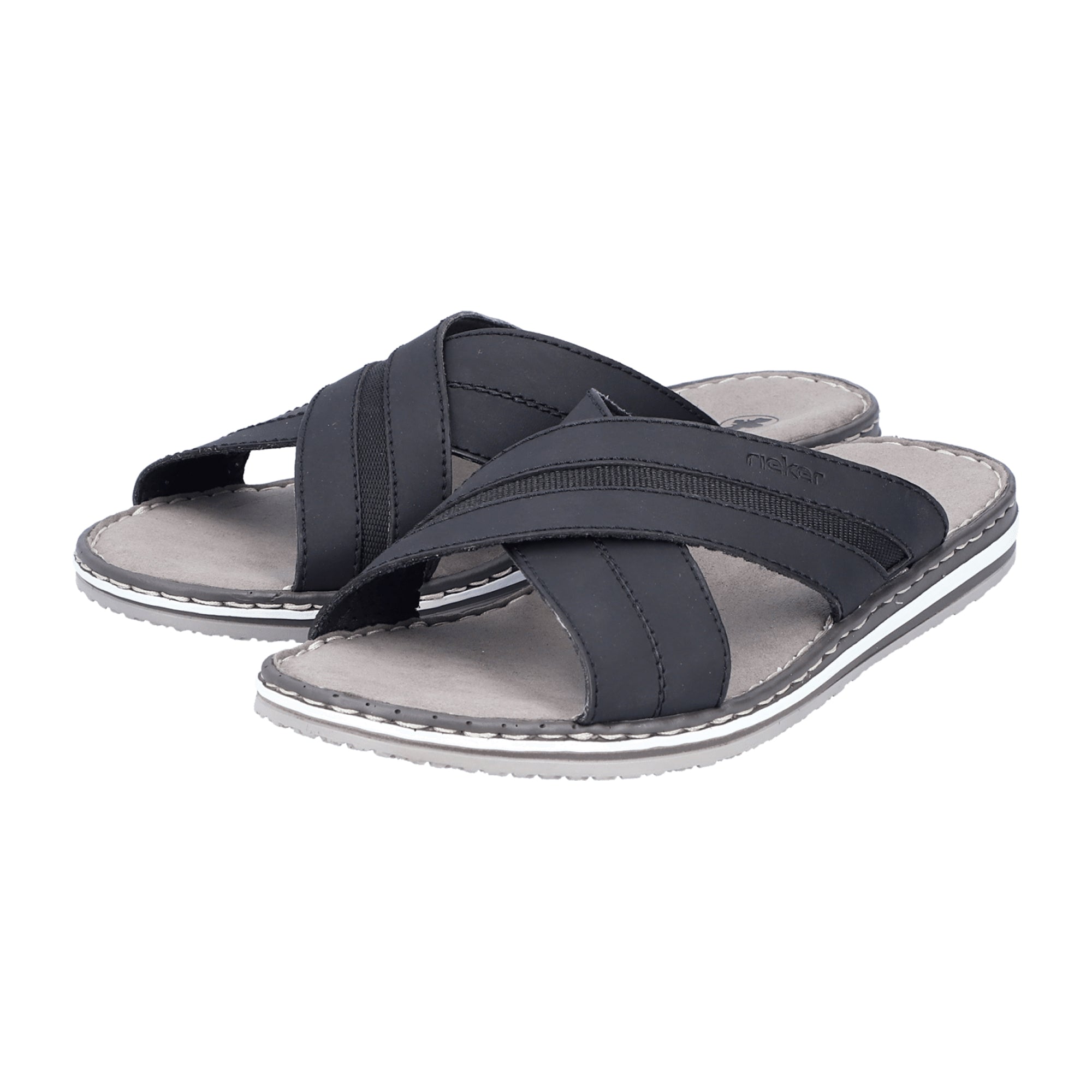Rieker Men's Black Slip-On Shoes, Synthetic Leather, Open Toe, Flat Heel