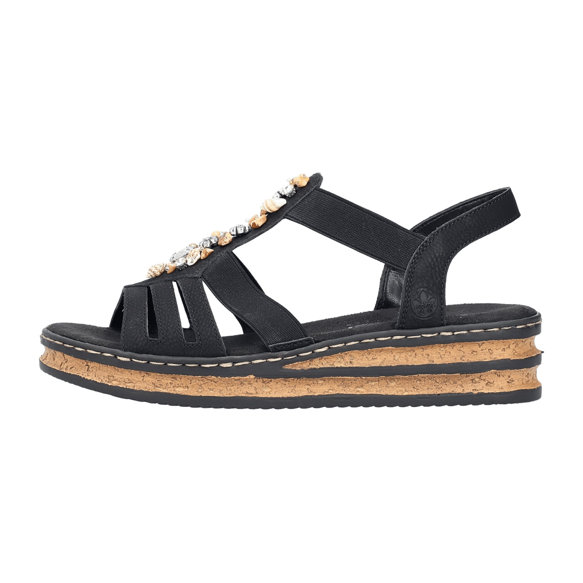 Rieker Women's Black Slip-On Wedge Sandals, Synthetic Upper, Comfortable Fit