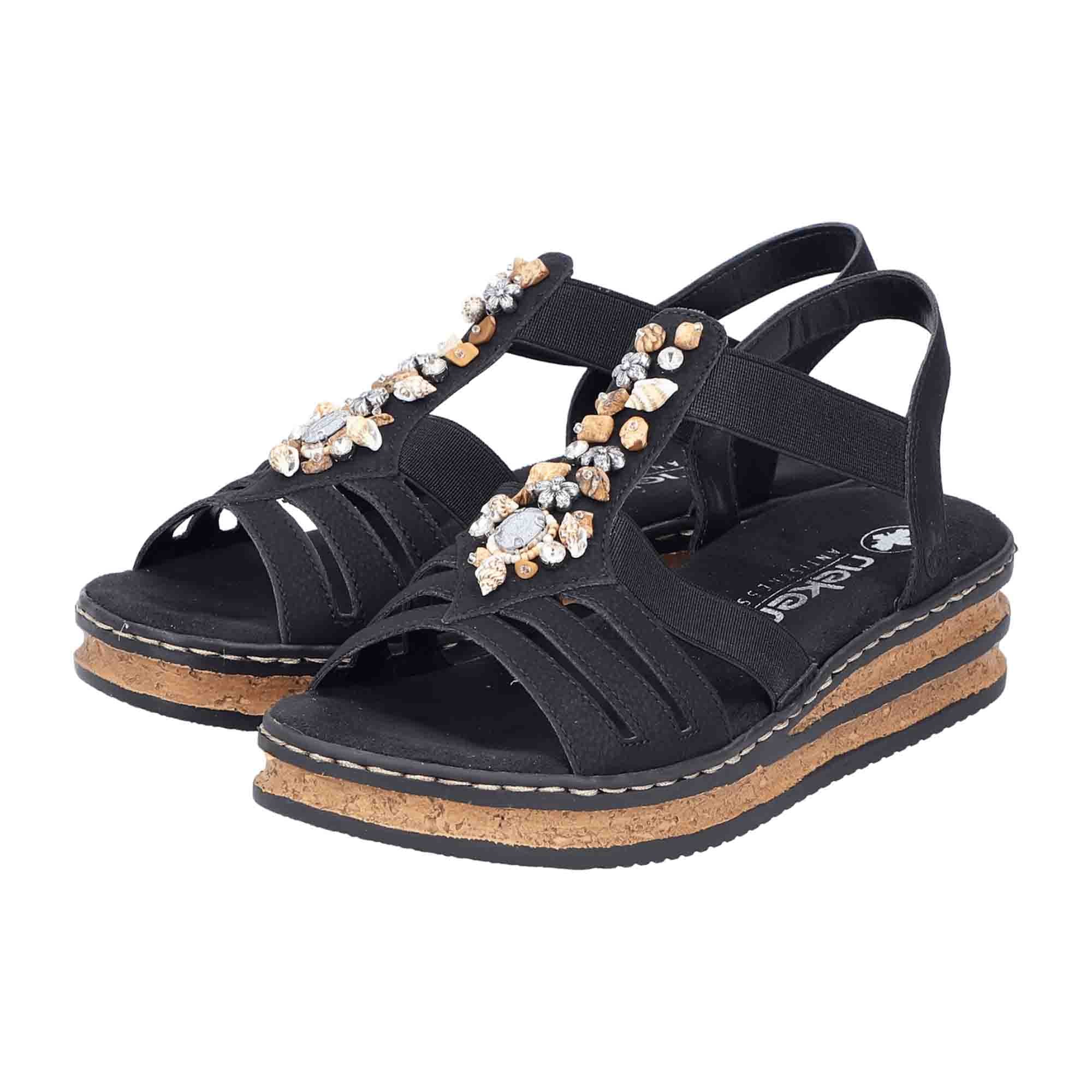 Rieker Women's Black Slip-On Wedge Sandals, Synthetic Upper, Comfortable Fit
