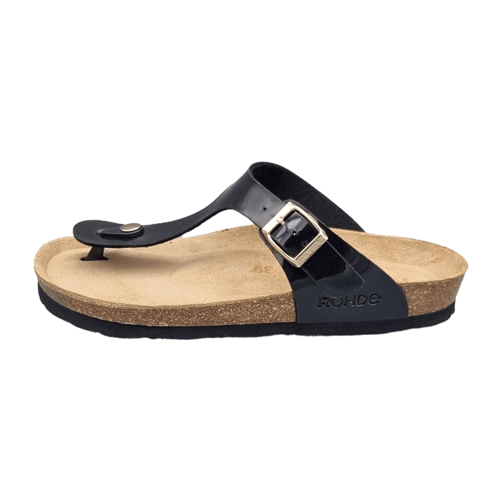 Rohde Women's Black Thong Sandals with Buckle Closure Patent Leather