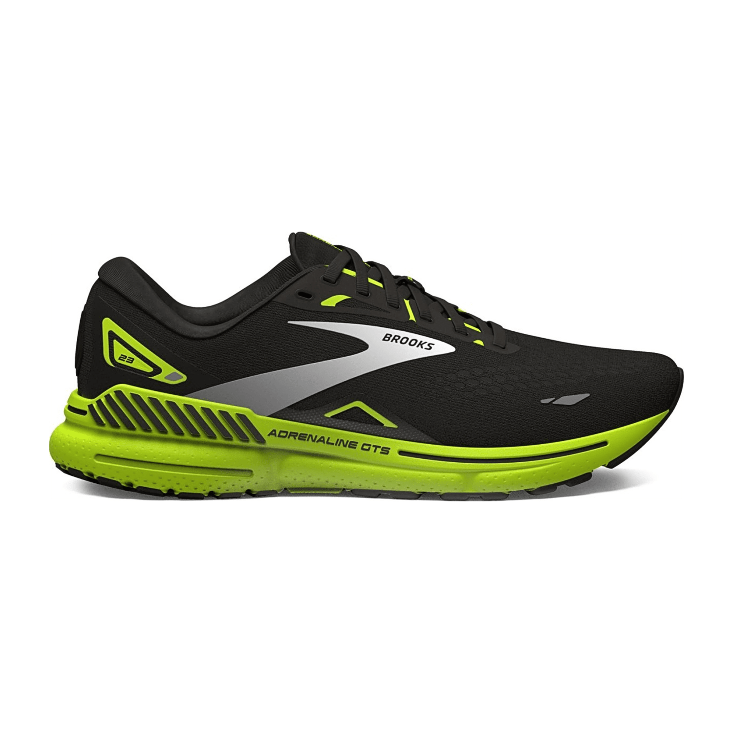 Brooks Adrenaline GTS 23 Men's Running Shoes, Black/Green Gecko/White, Textile Upper, Mesh Lining, Rubber Outsole
