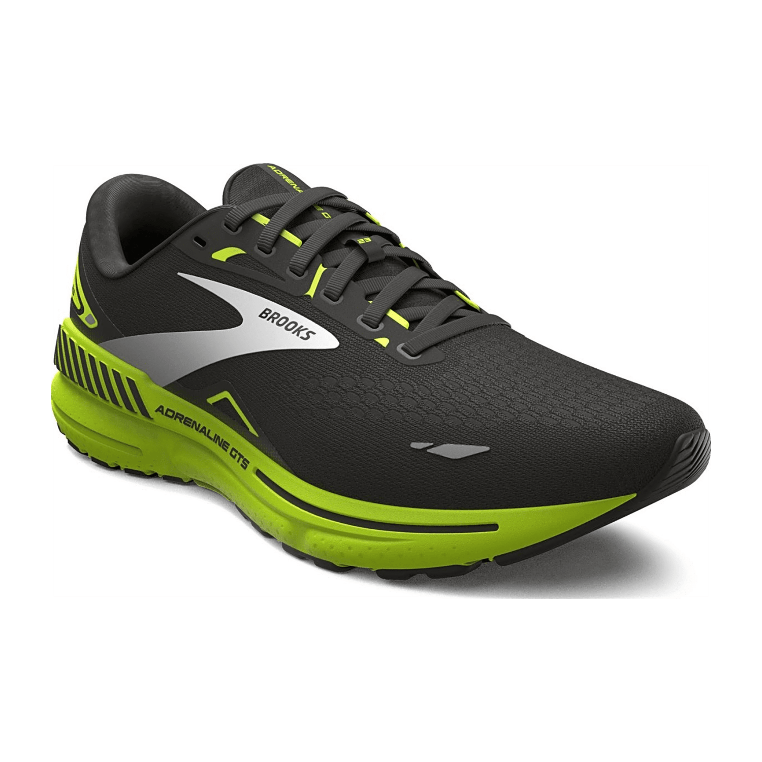 Brooks Adrenaline GTS 23 Men's Running Shoes, Black/Green Gecko/White, Textile Upper, Mesh Lining, Rubber Outsole