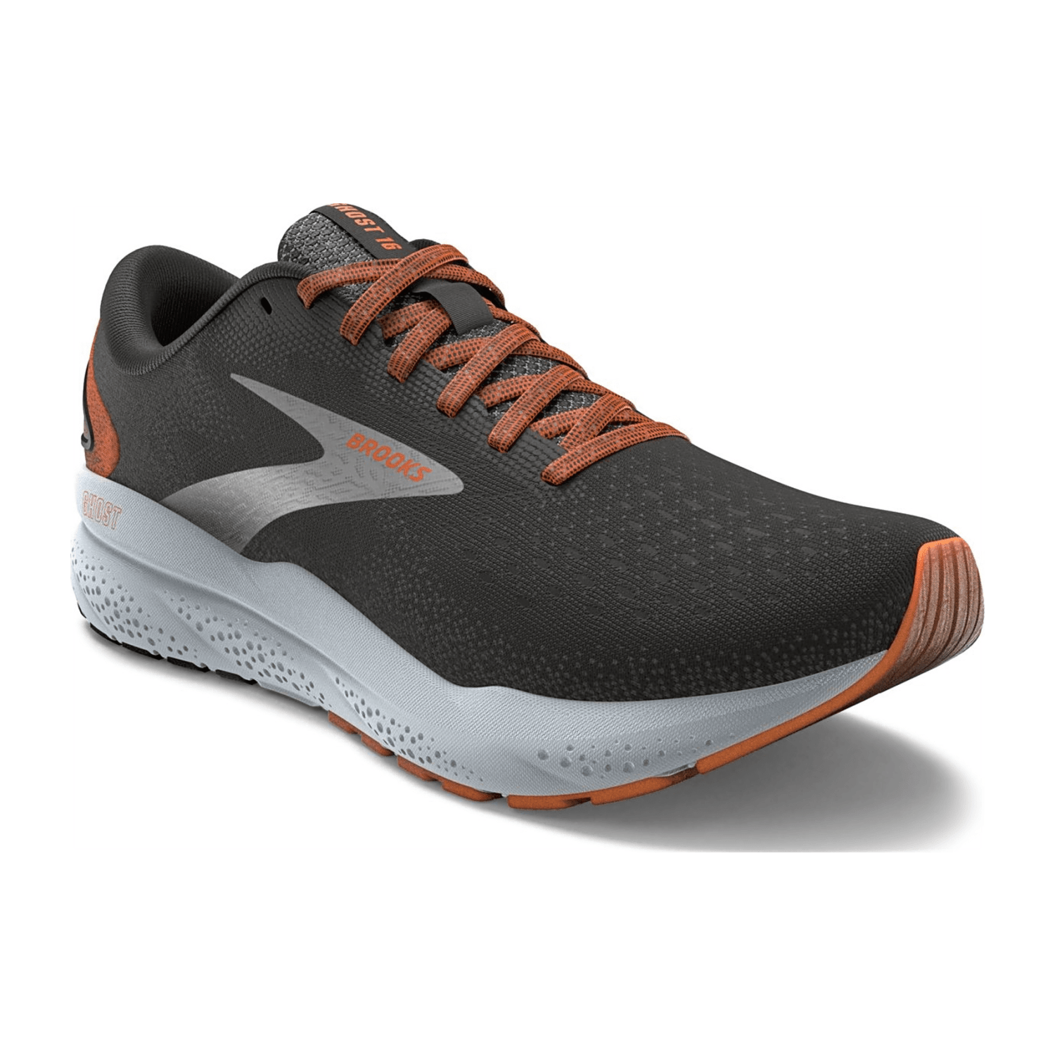 Brooks Men's Ghost 16 Running Shoes - Black, Orange, White - Textile Upper, Rubber Sole