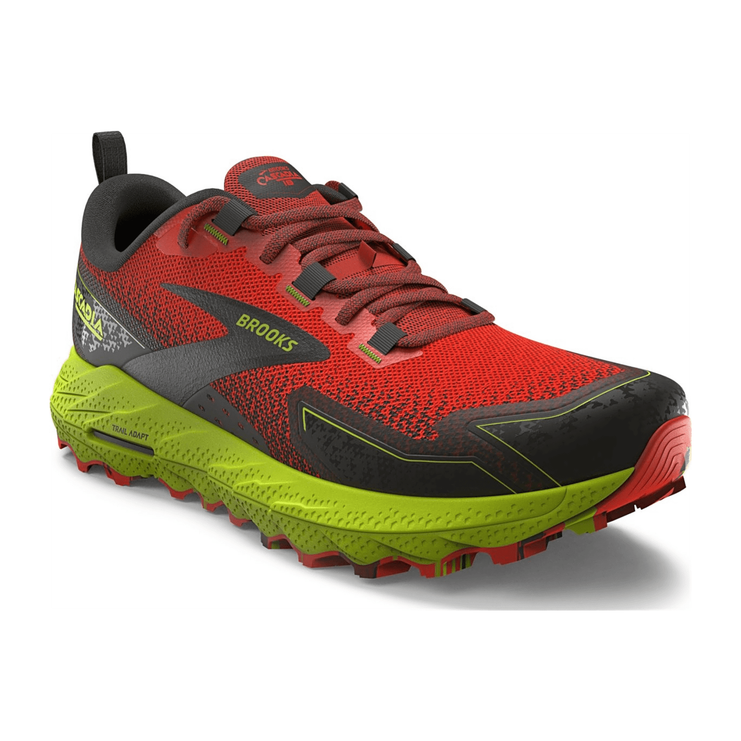 Brooks Cascadia 18 Men's Trail Running Shoes - Cherry Tomato, Lime, Black - Synthetic Textile Upper, Rubber Outsole