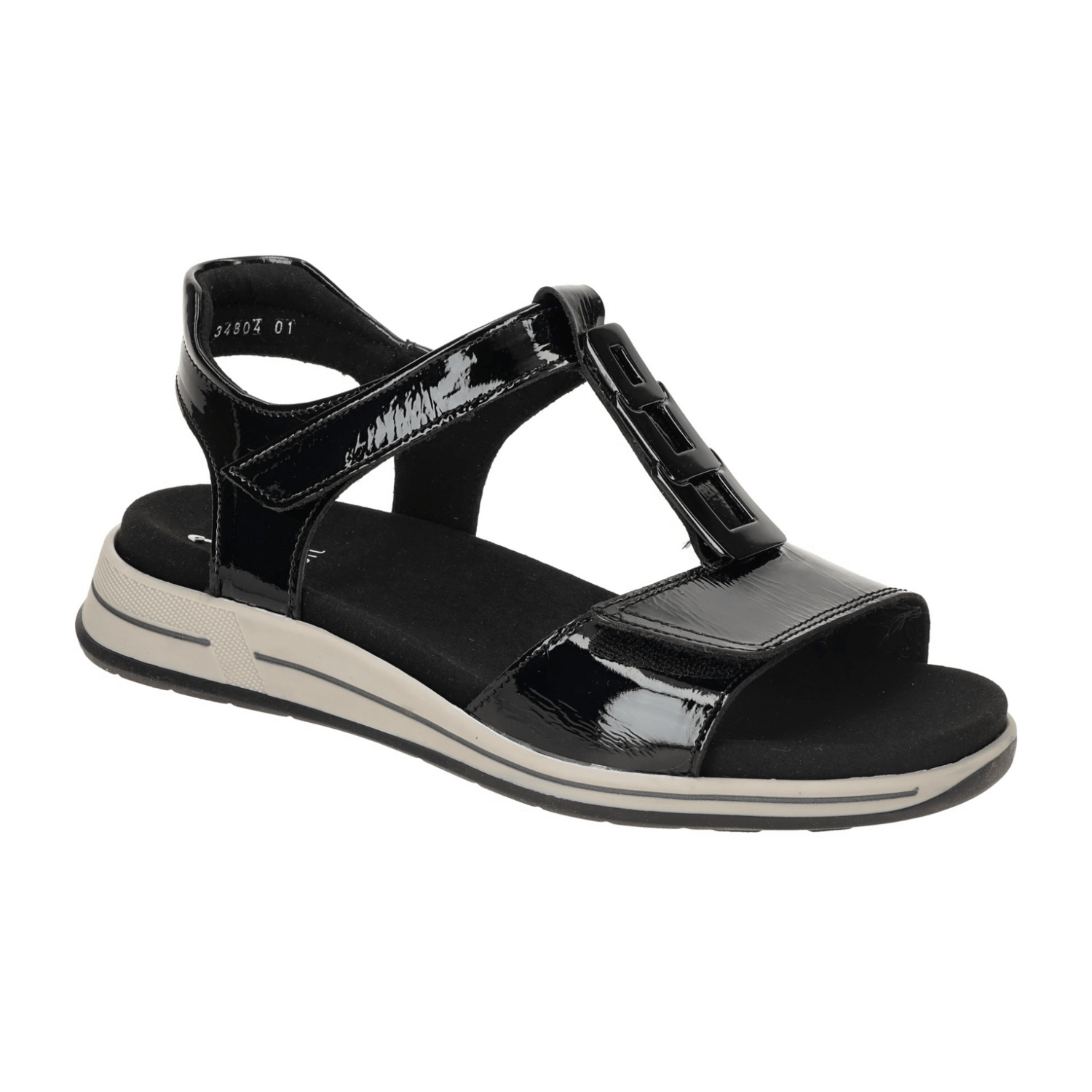 ARA Osaka T-Bar Sandals for Women in Black Patent Leather with Hook-and-Loop Closure and Open Toe