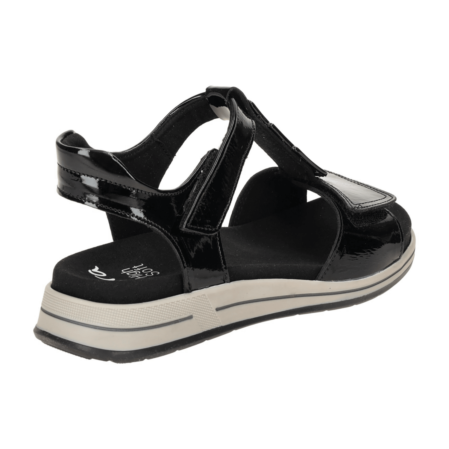 ARA Osaka T-Bar Sandals for Women in Black Patent Leather with Hook-and-Loop Closure and Open Toe