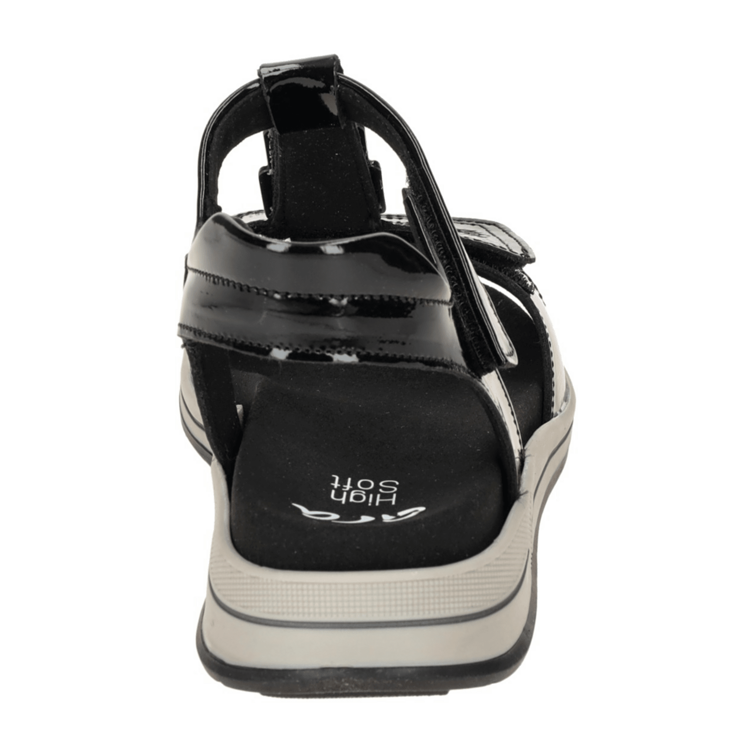 ARA Osaka T-Bar Sandals for Women in Black Patent Leather with Hook-and-Loop Closure and Open Toe