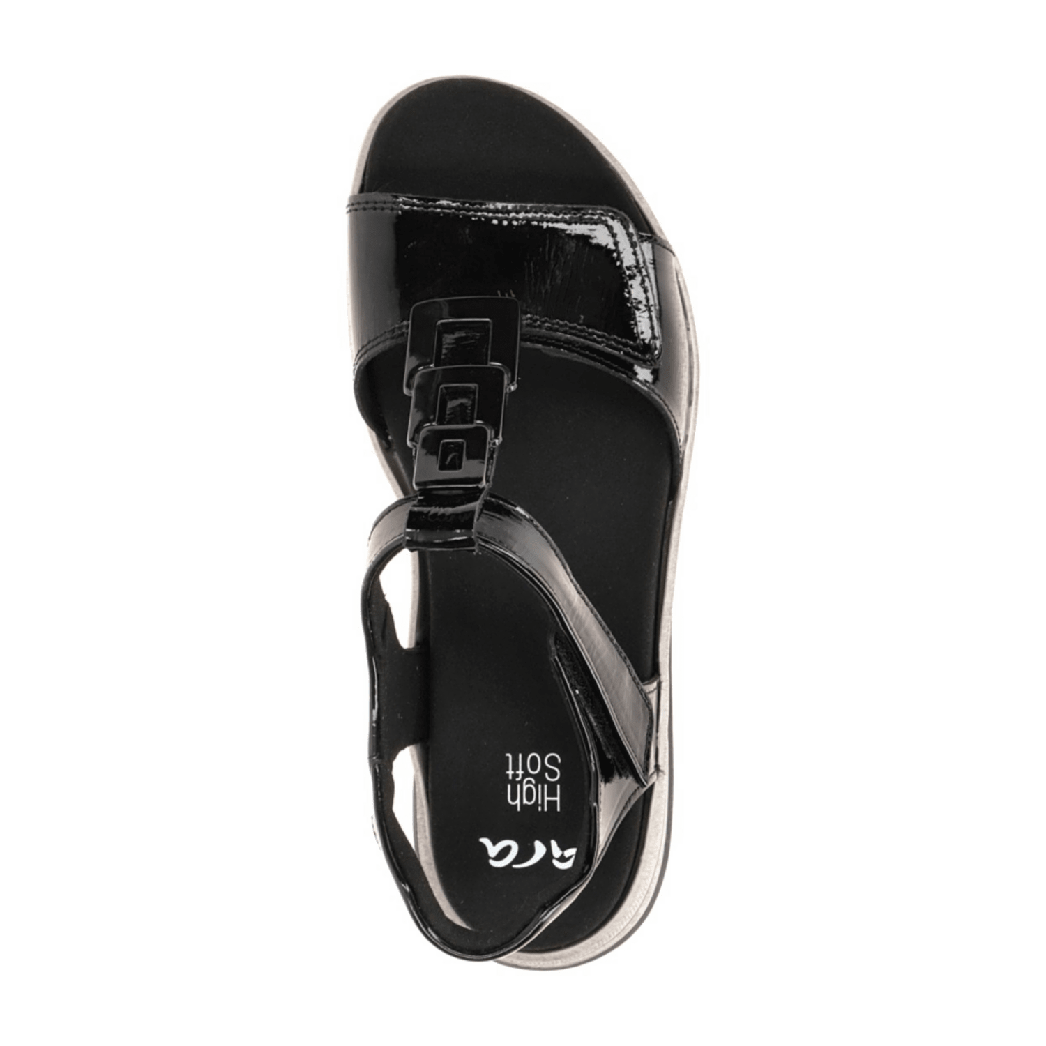 ARA Osaka T-Bar Sandals for Women in Black Patent Leather with Hook-and-Loop Closure and Open Toe