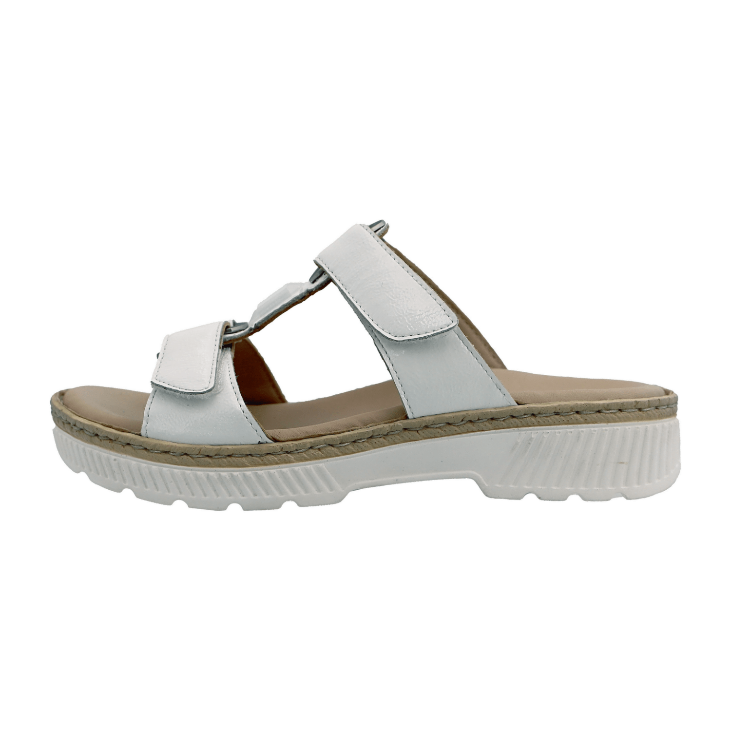 ARA Women's White Patent Leather Slip-On Sandals with Hook-and-Loop Fastening