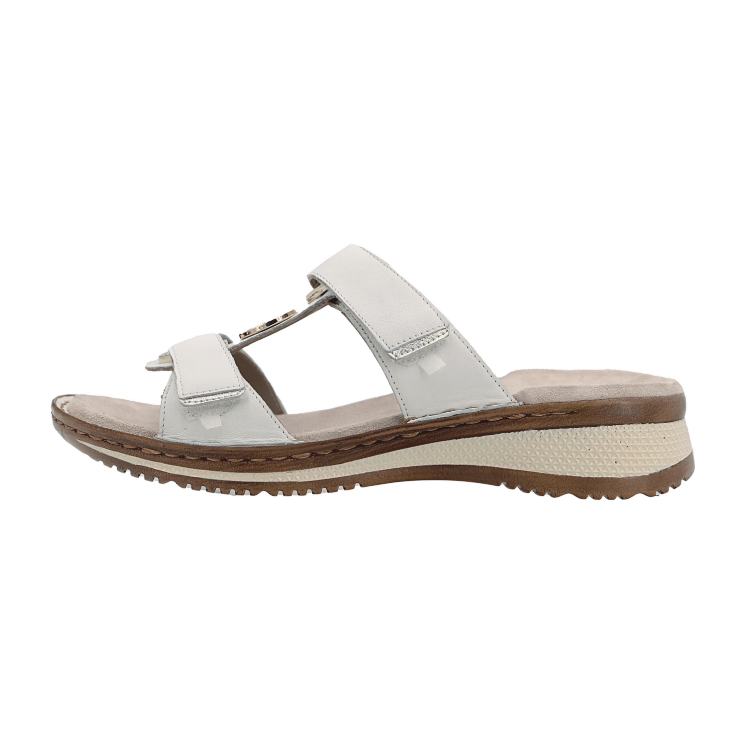 ARA HAWAII HAWA-G Women's White Smooth Leather Slide Sandals with Hook-and-Loop Closure