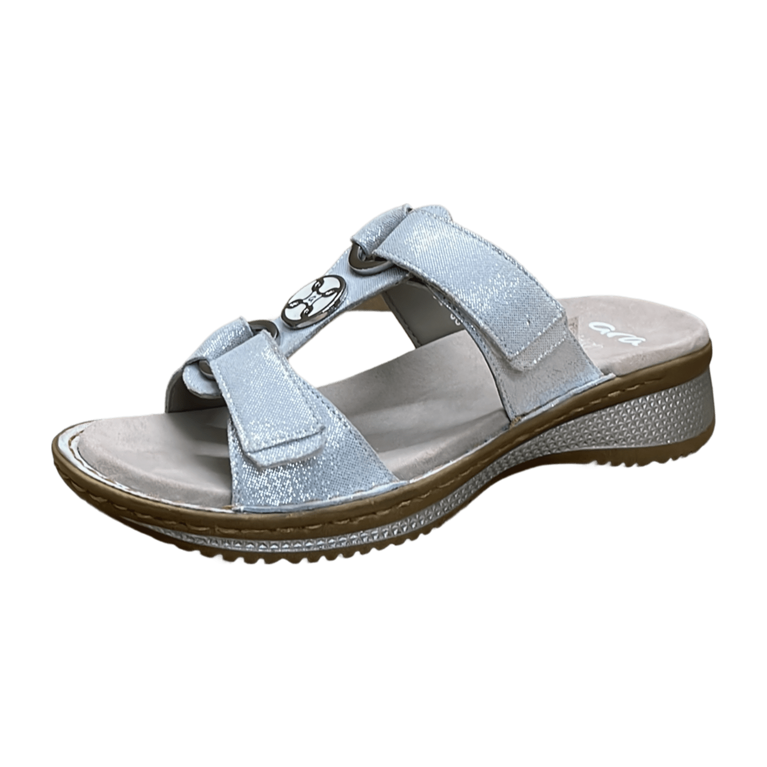 ARA HAWAII Women's Silver Suede Kitten Heel Mule Sandals with Hook-and-Loop Fastening