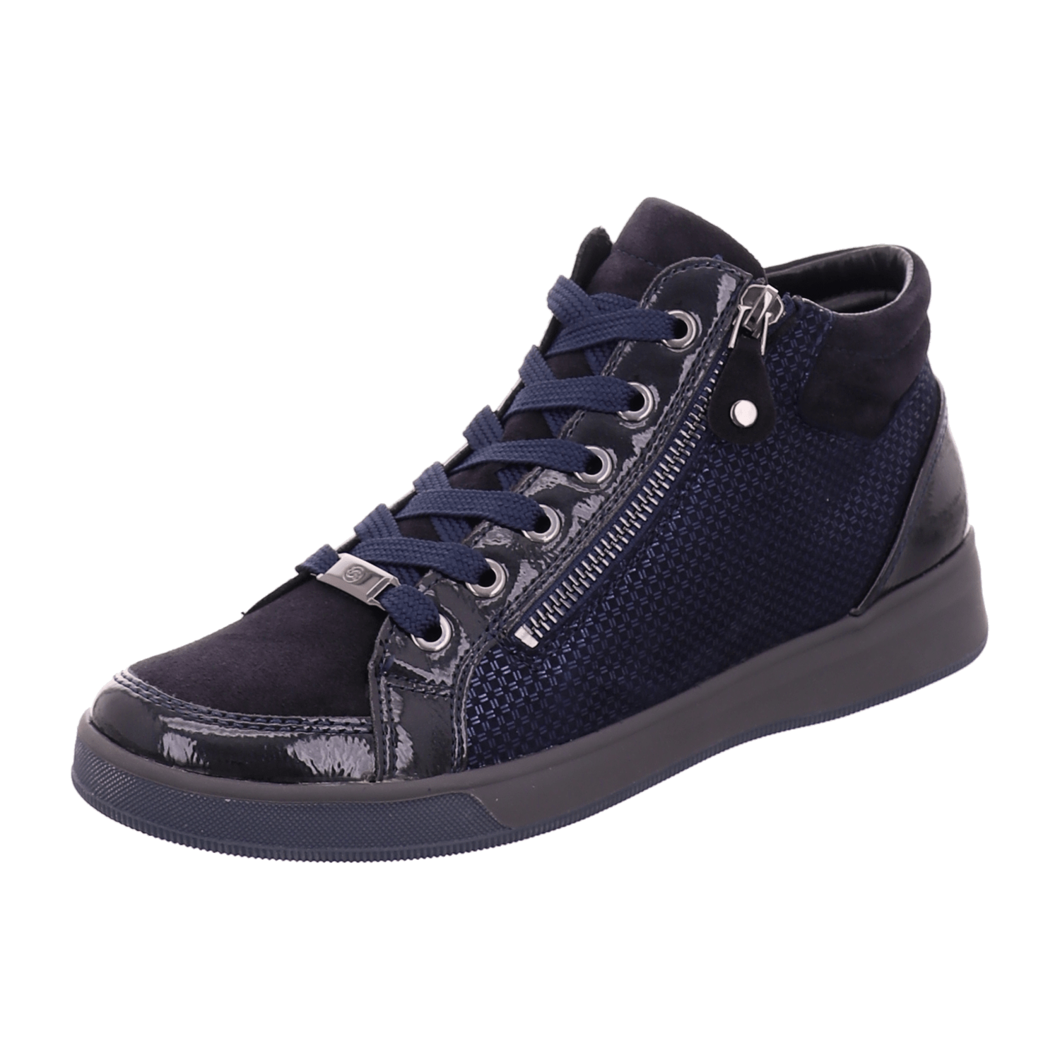 ARA Rom Mid Sneaker Women's Shoes Blue Patterned Patent Smooth Leather Lacing Round Toe