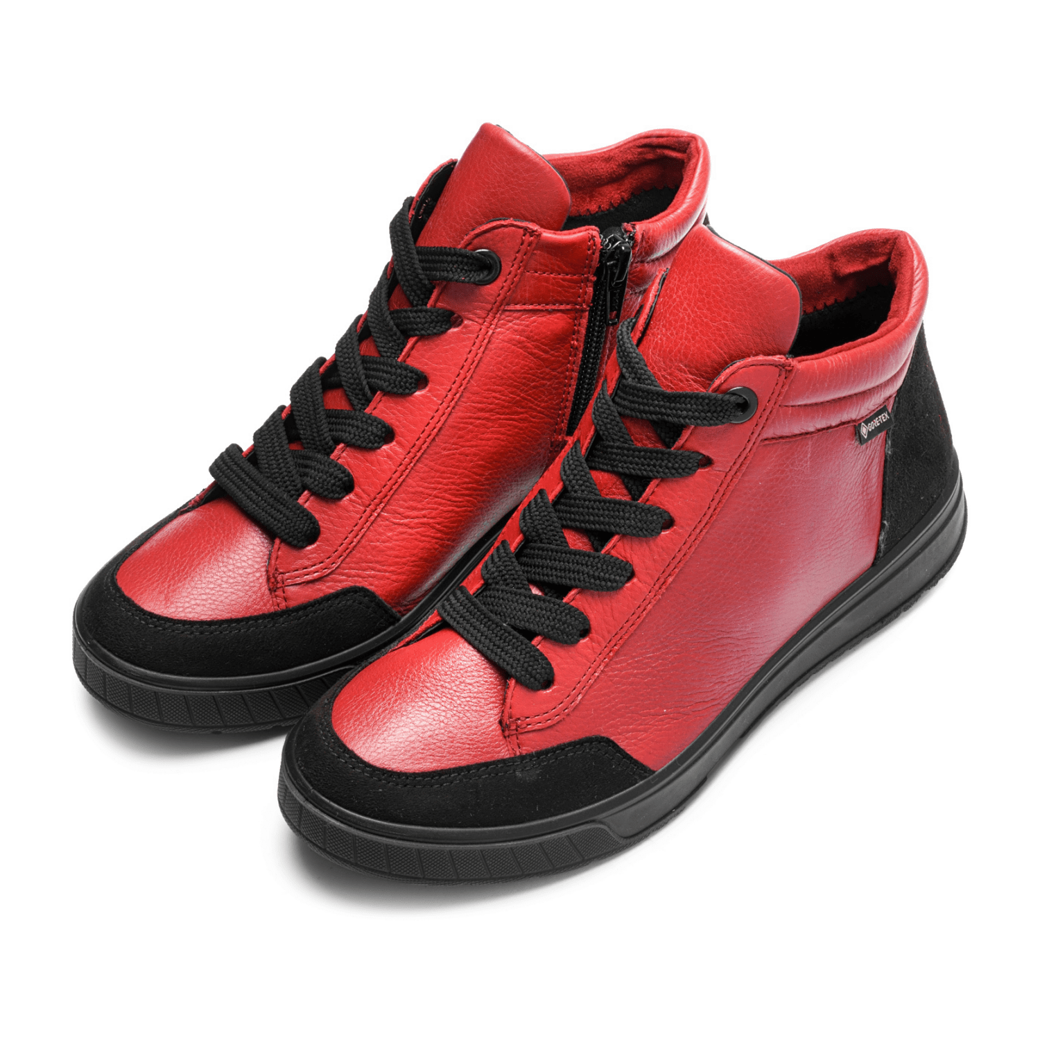 ARA Rom Women's Mid-Top Sneakers in Smooth Leather with GORE-TEX, Red Black Lace-Up