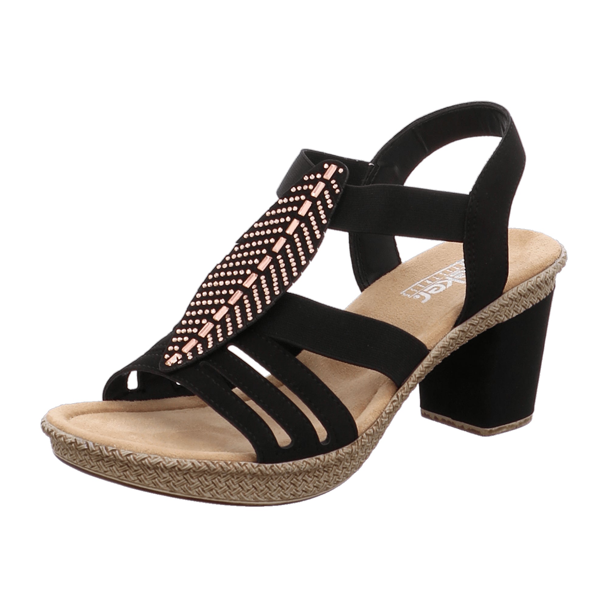 Rieker Women's Black Sandalettes with Gold Beads and Comfort Sole