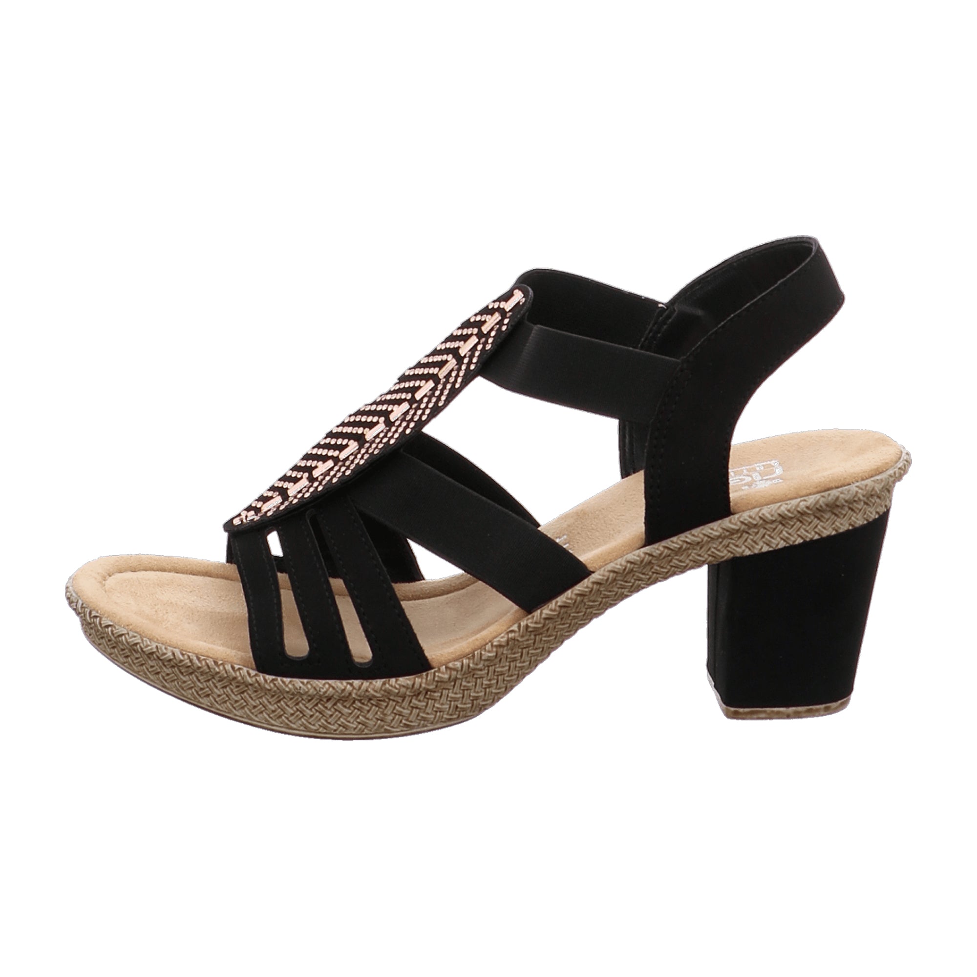 Rieker Women's Black Sandalettes with Gold Beads and Comfort Sole