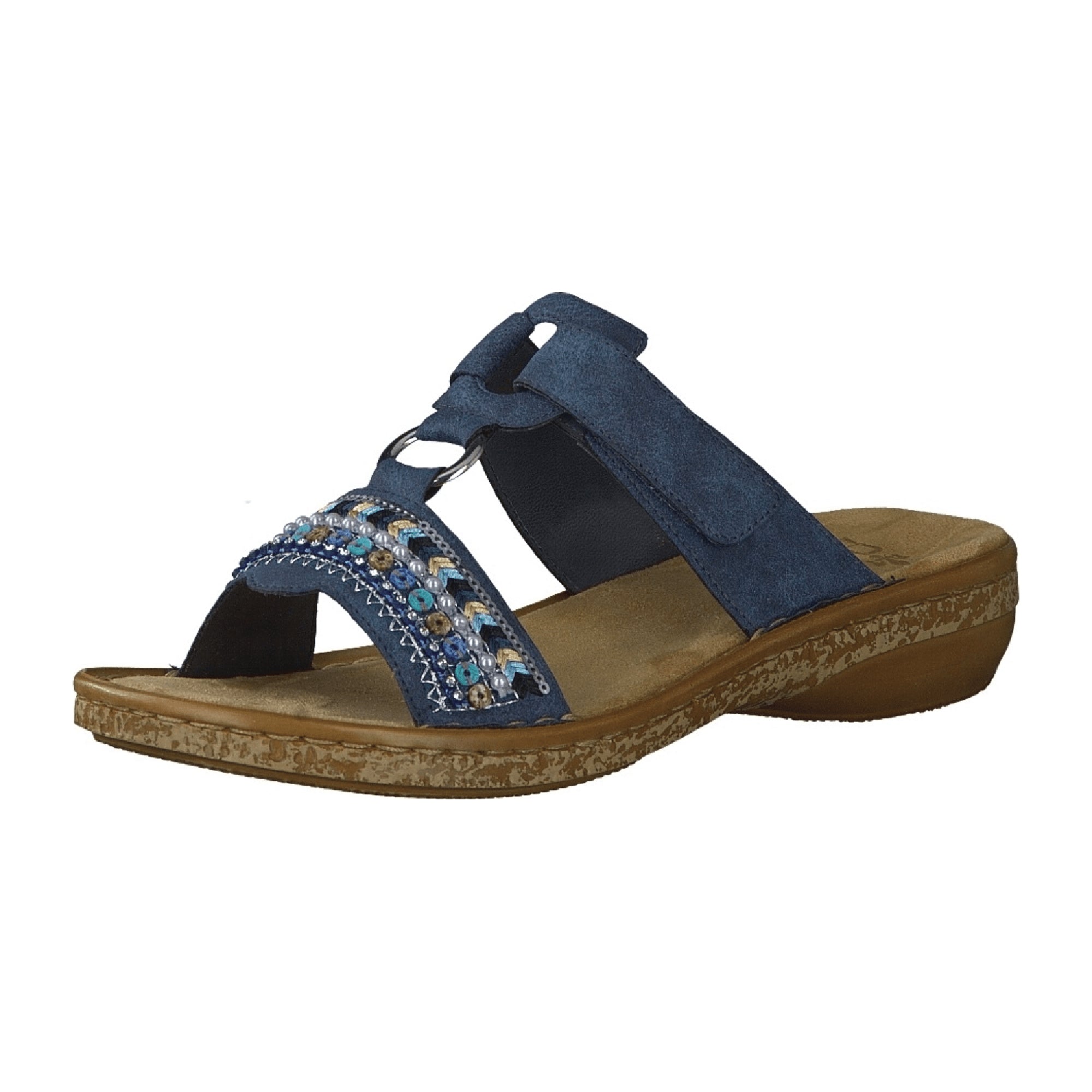 Rieker Women's Blue Pantolette Sandals with 30mm Heel and Velcro Strap