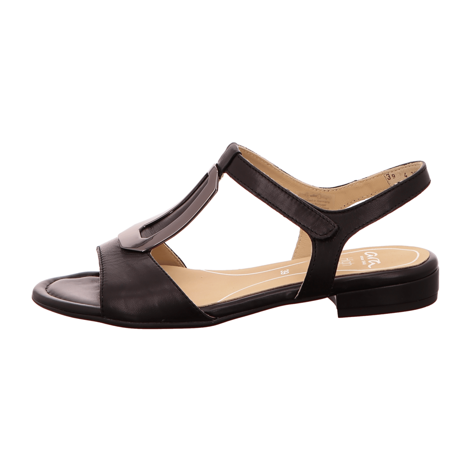 ARA VEGAS Women's T-Bar Sandals Smooth Leather Hook-and-Loop Fastener Black