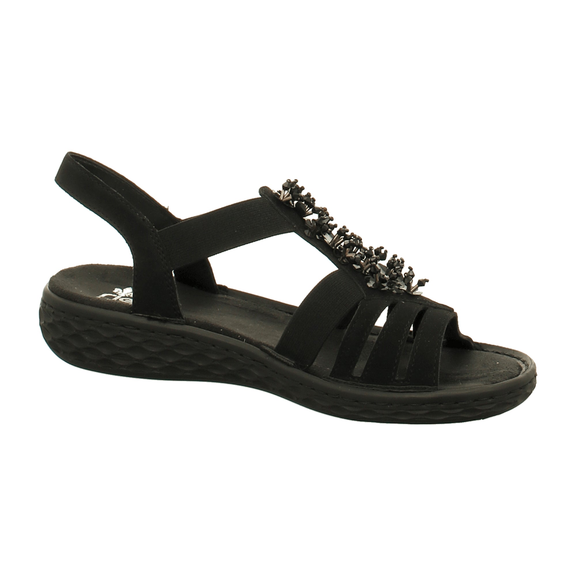Rieker Black Women's Sandals with Elastic Straps and Decorative Design