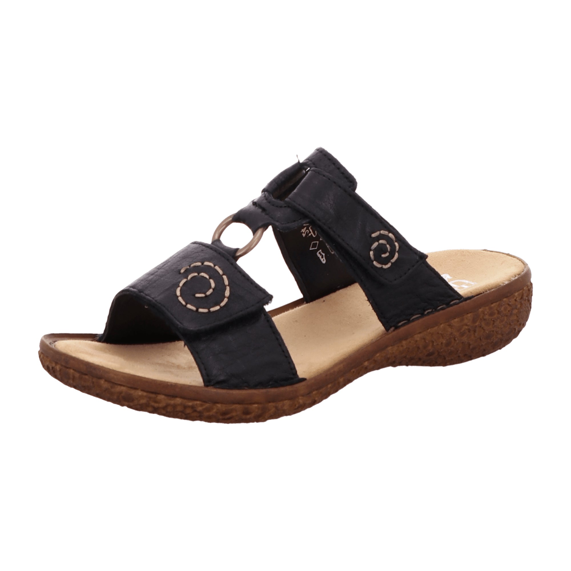 Rieker Women's Black Leather Slide Sandals with 30mm Heel and Velcro Closure